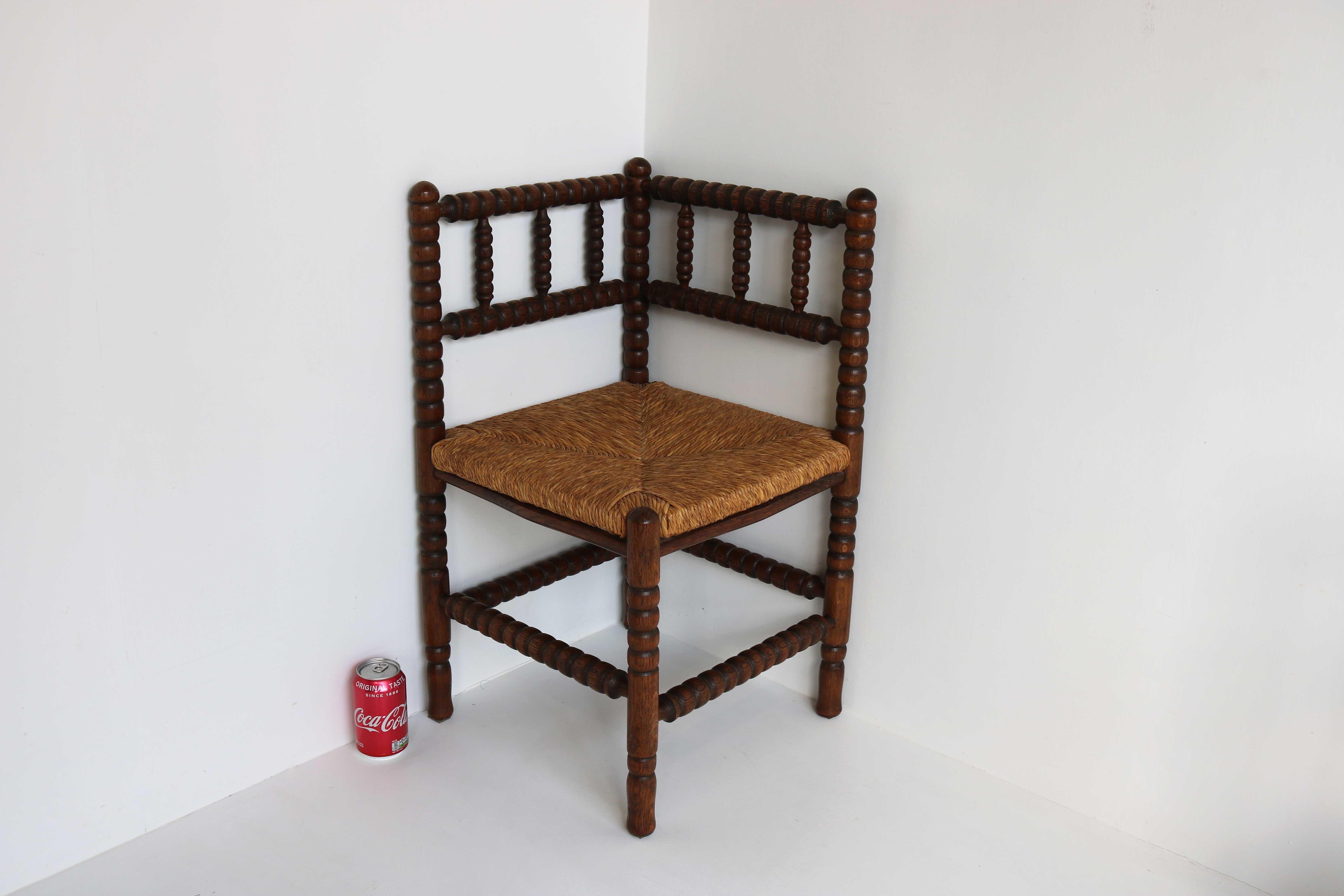 Typical Dutch Pair Antique Rush-Seat Oak Corner Bobbin Side Knitting Chairs 1900 9