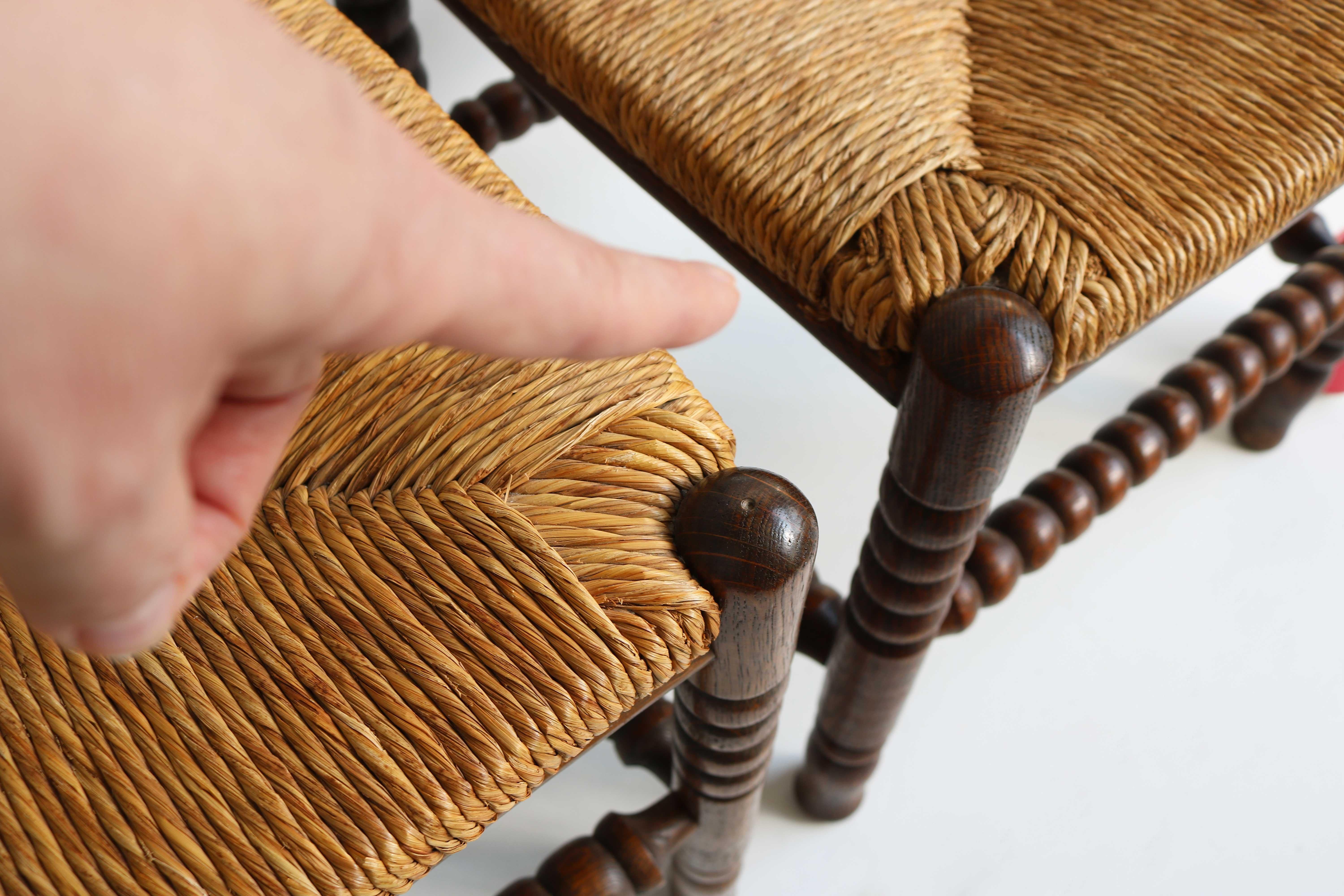 Typical Dutch Pair Antique Rush-Seat Oak Corner Bobbin Side Knitting Chairs 1900 10