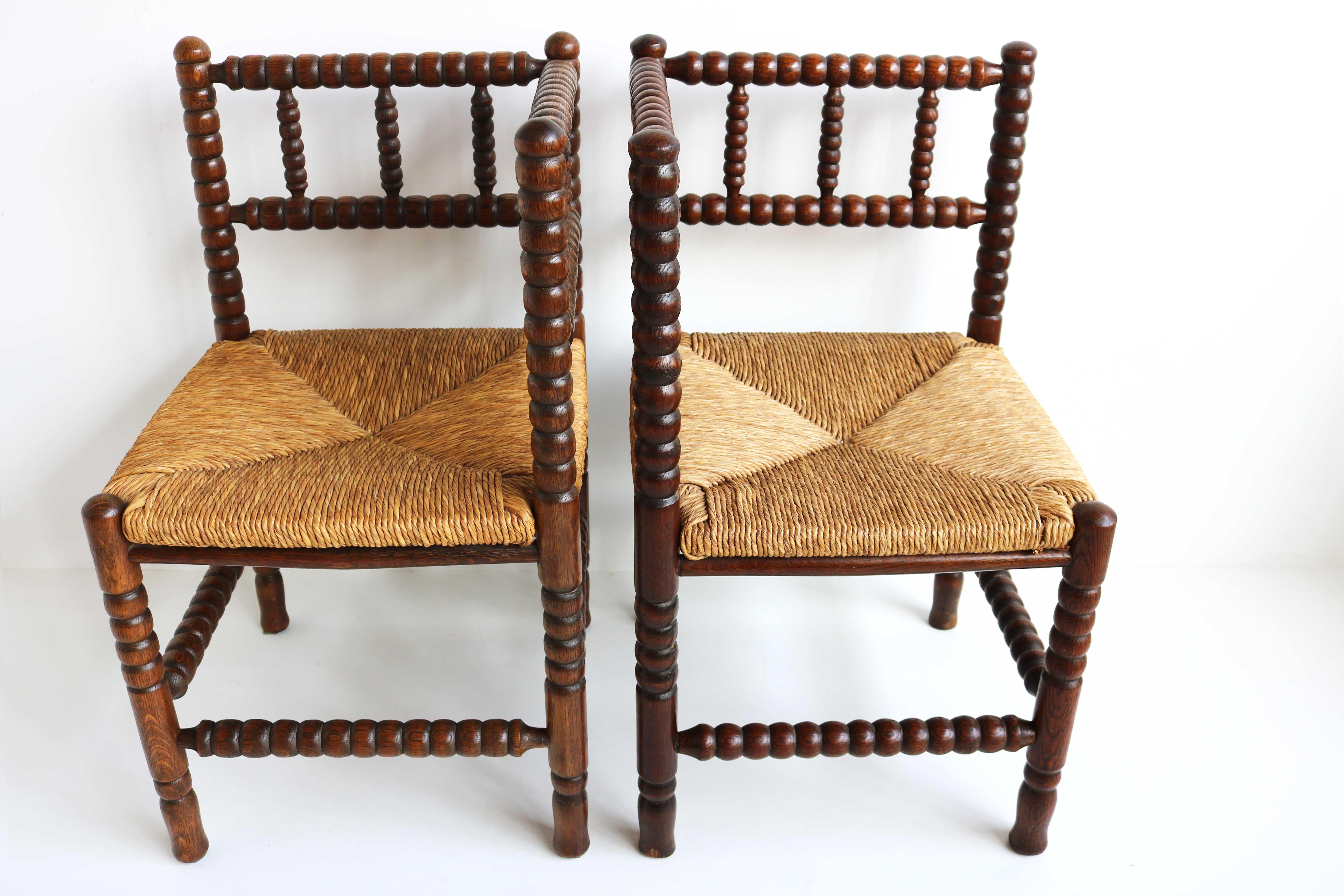 Country Typical Dutch Pair Antique Rush-Seat Oak Corner Bobbin Side Knitting Chairs 1900