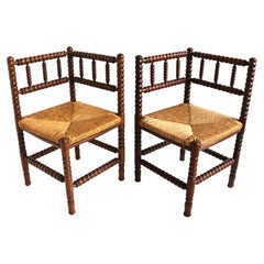 Typical Dutch Pair Antique Rush-Seat Oak Corner Bobbin Side Knitting Chairs 1900