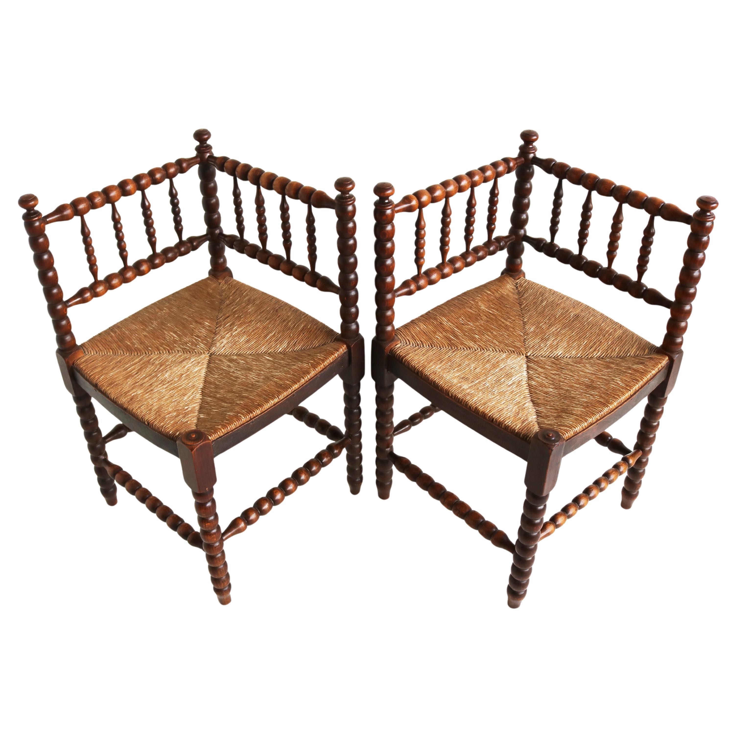 Typical Dutch Pair Antique Rush-Seat Oak Corner Bobbin Side Knitting Chairs 1900