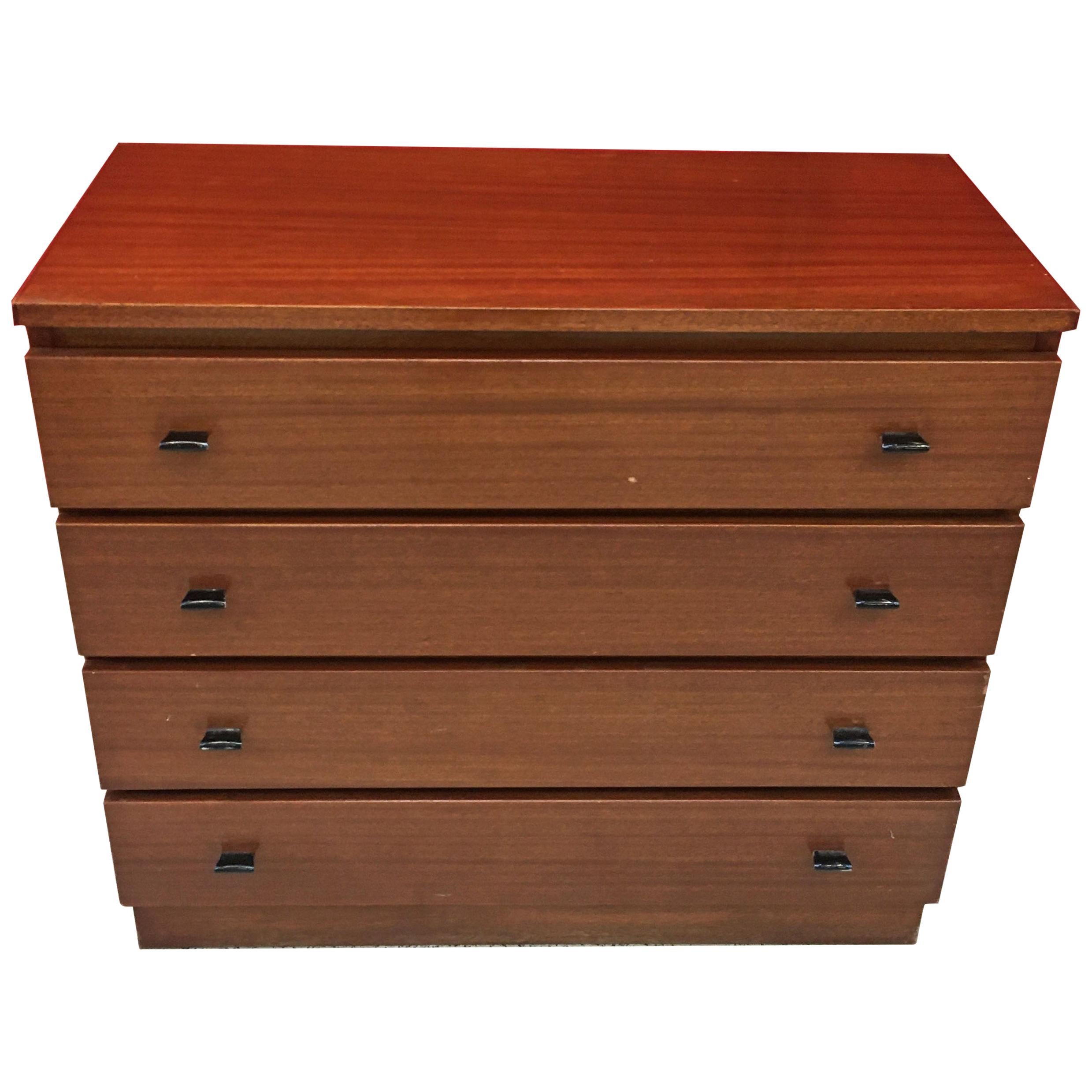 Typical French Chest of Drawers circa 1960 in Mahogany, Lacquered Metal Handles