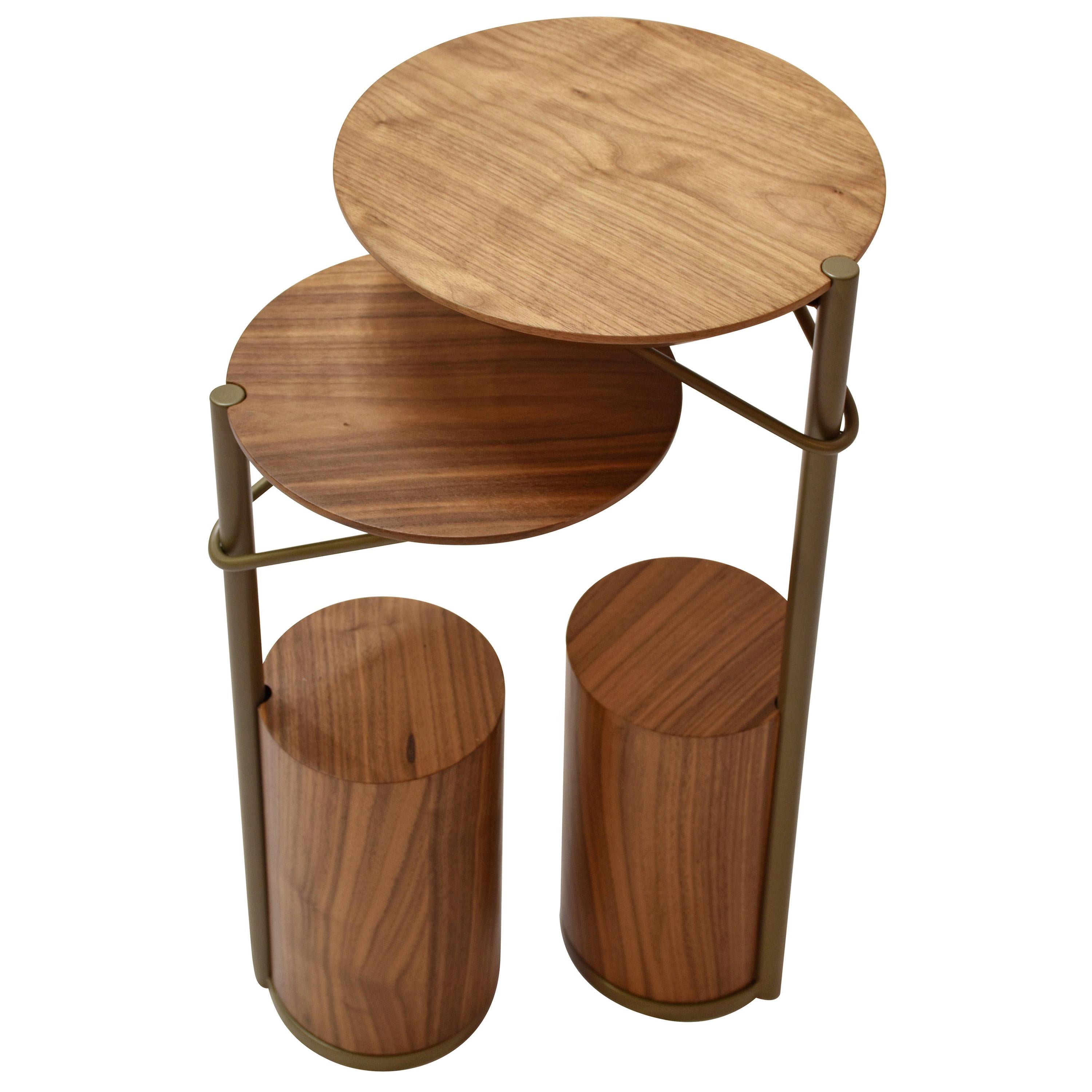 "Tyr" Side Table Set in Walnut Natural Wood Blade and Metal Brass Color For Sale
