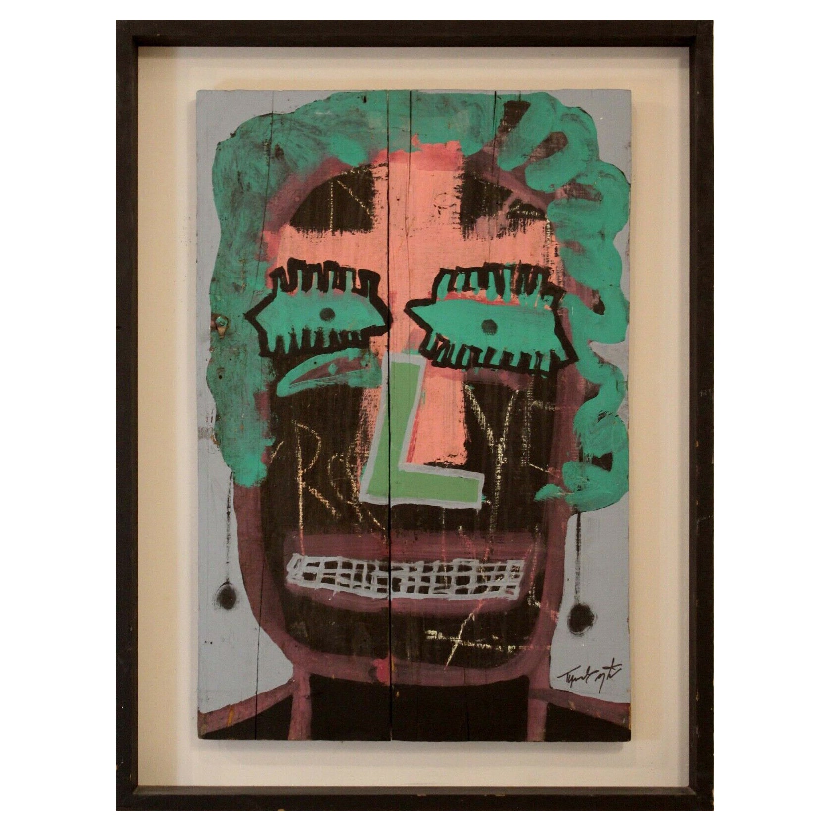 Tyree Guyton Untitled Portrait Signed Acrylic Painting on Wood Boards Framed