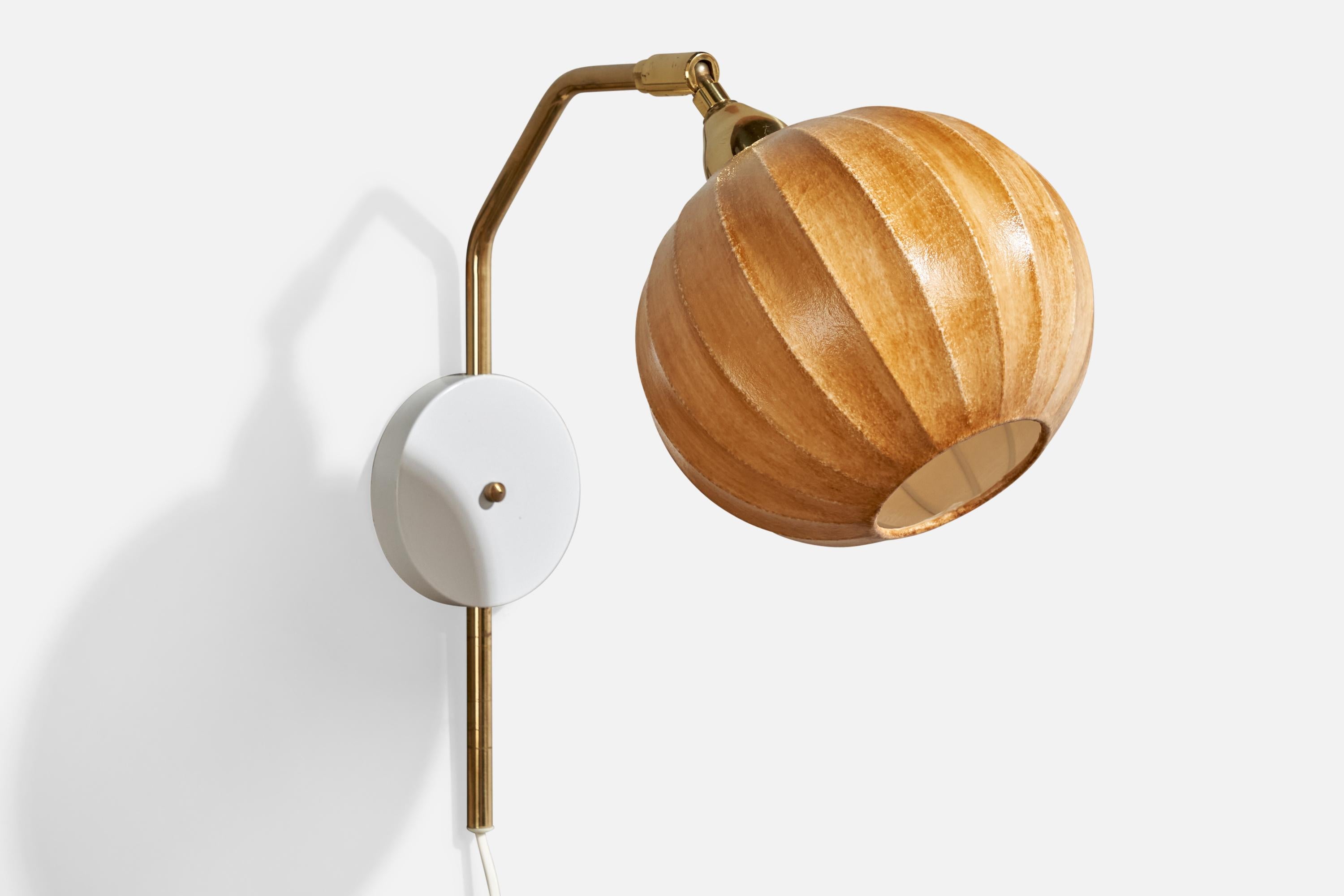 A brass, white-lacquered metal and resin wall light produced by Tyringe Konsthantverk, Sweden, c. 1990s.

Assorted waxed cotton lampshade.

Overall Dimensions (inches):  16” H x  9” W x  15“ D

Back Plate Dimensions (Inches):  4.5” H x 4.5” W x .75”