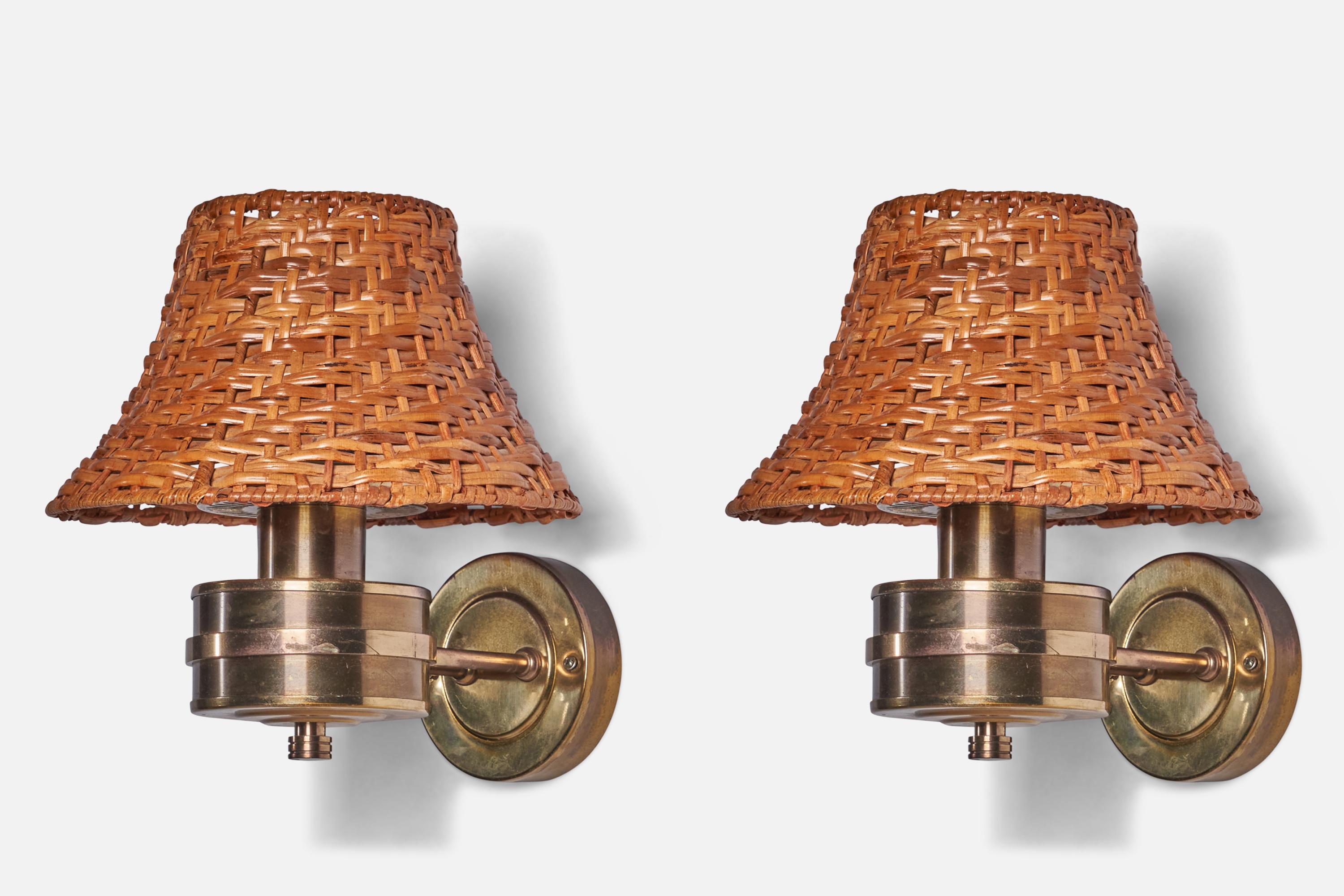 Tyringe Konsthantverk, wall Lights, Brass, Rattan, Sweden, 1970s In Good Condition For Sale In High Point, NC