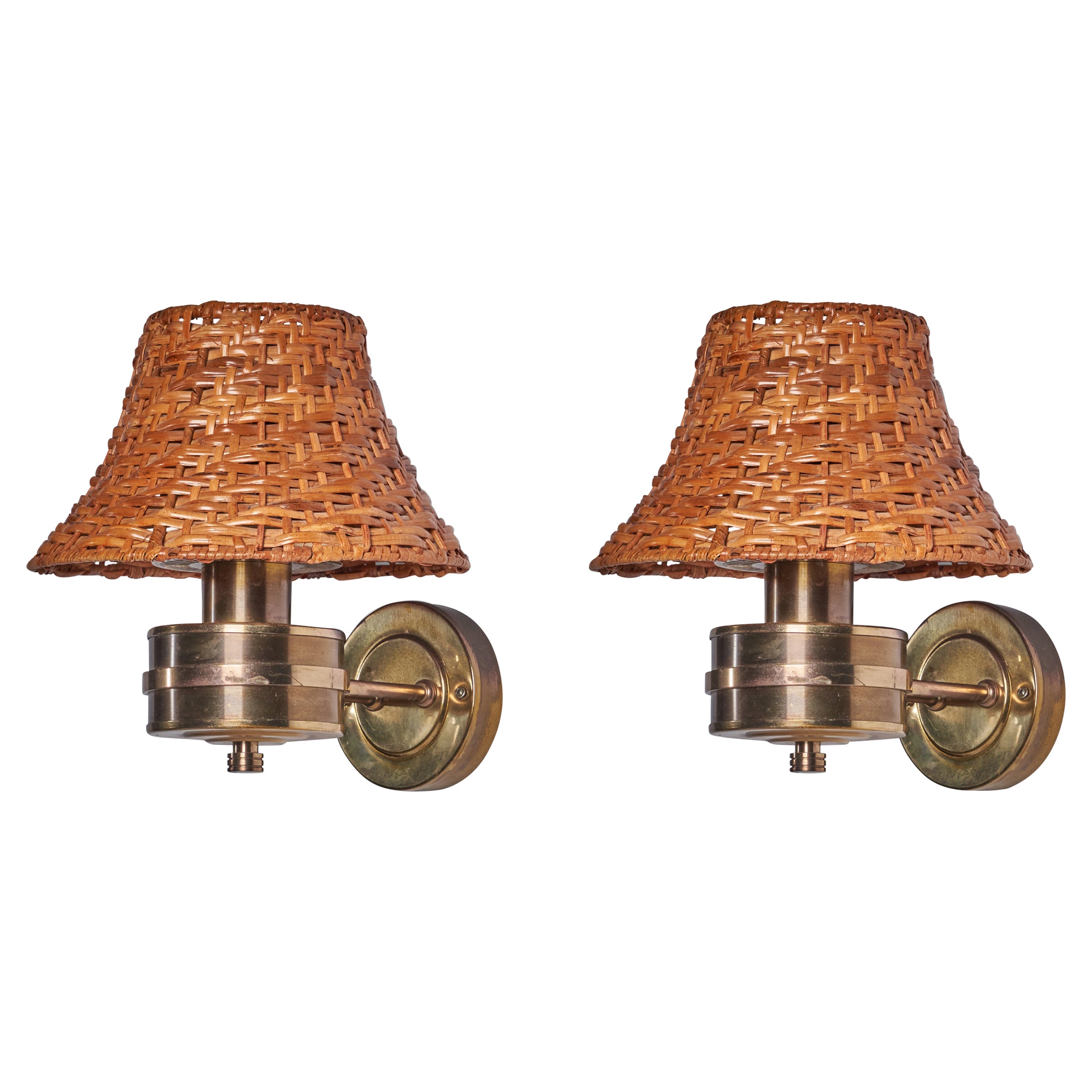 Tyringe Konsthantverk, Wand Lights, Messing, Rattan, Schweden, 1970er im Angebot