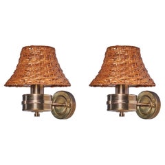 Tyringe Konsthantverk, wall Lights, Brass, Rattan, Sweden, 1970s