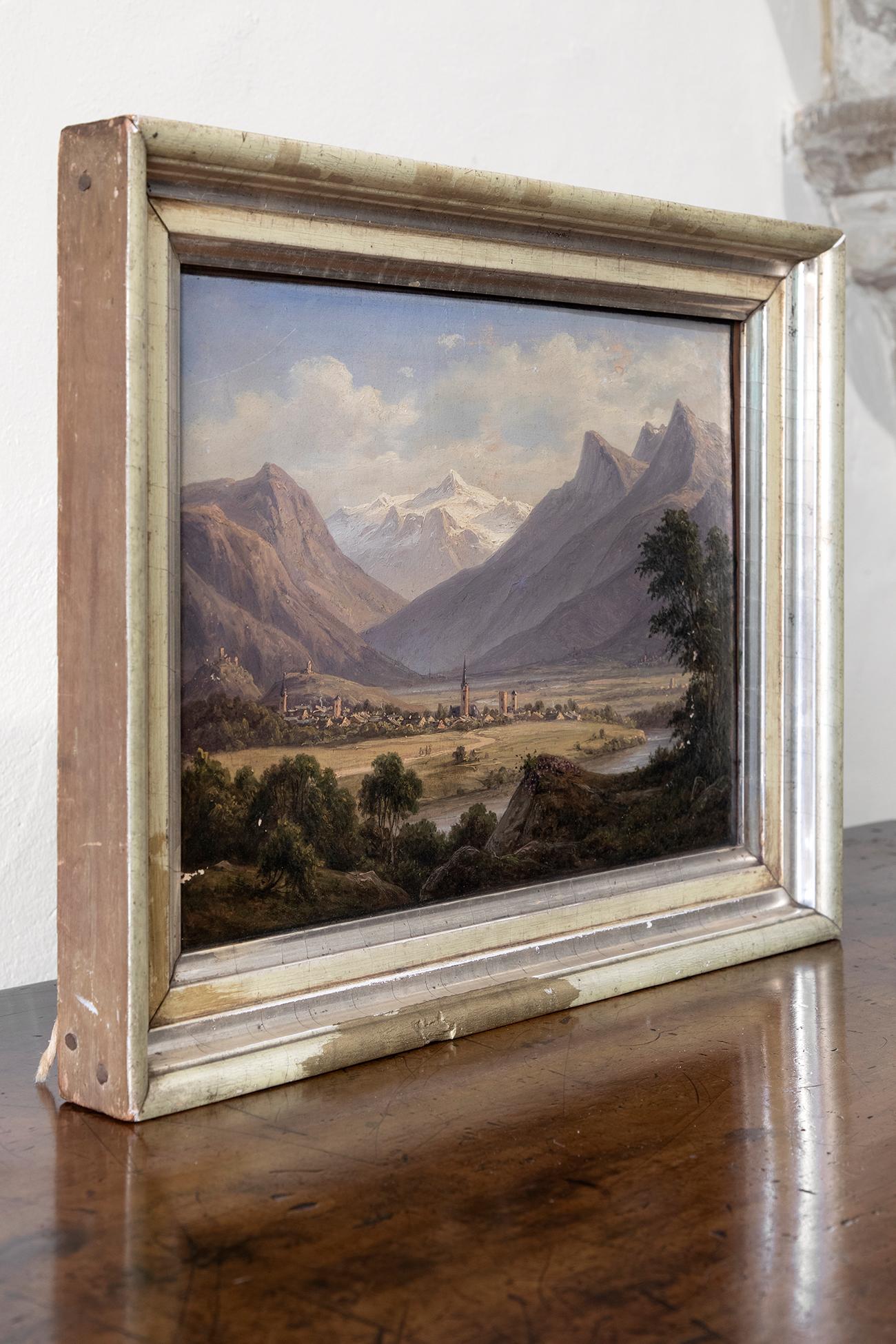 Enchanting 19th Century original oil on canvas, depicting a captivating view of the Tyrol Mountains in an aged frame. Signed FC Kiærskou and dated 1867 verso with inscription Mals Tyrol.

Additional information:
H 32 cm (H 12.5 inches)
W 41 cm