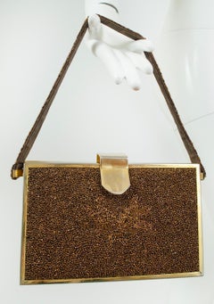 Tyrolean Bronze Caviar Bead Evening Bag w 24-Karat Gold Plate Surround, 1950s