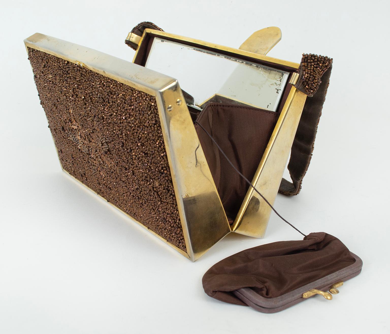 Tyrolean Bronze Caviar Bead Evening Bag w 24-Karat Gold Plate Surround, 1950s In Good Condition For Sale In Tucson, AZ