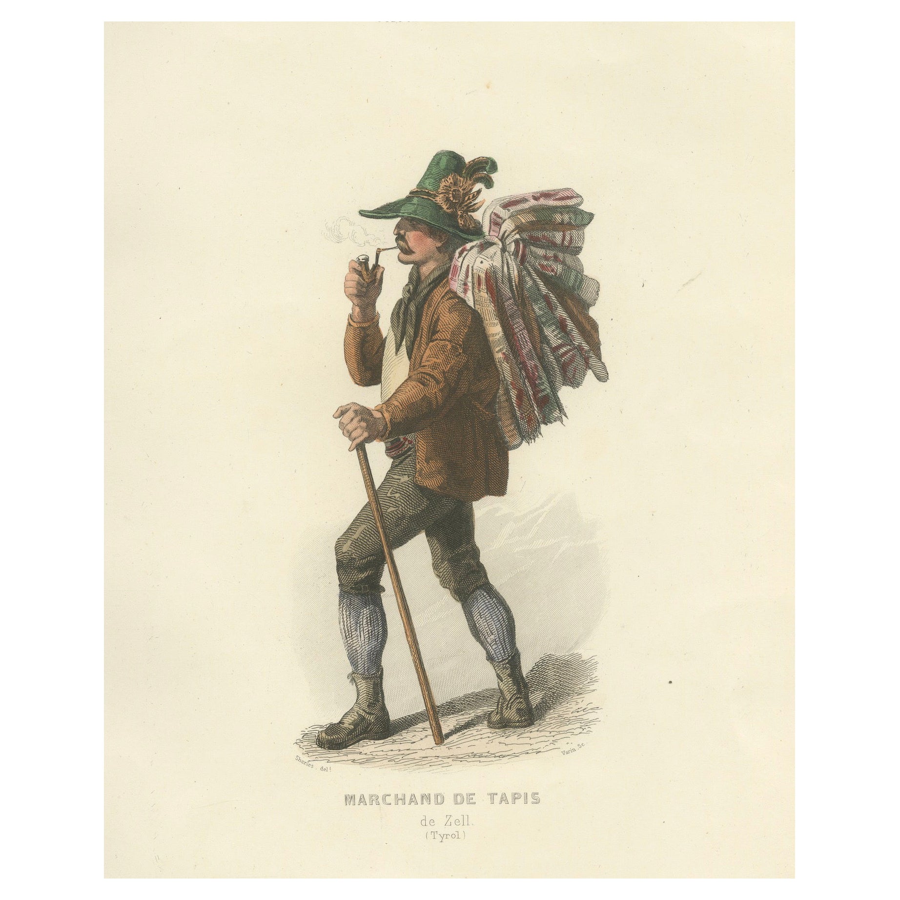 Tyrolean Carpet Seller – Zell Austria, Compte-Calix Hand-Colored 1853 For Sale