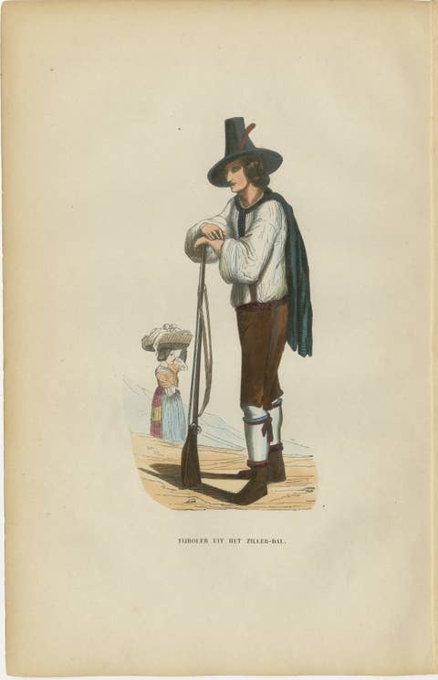 Tyrolean Hunter from the Ziller Valley - Antique Costume Lithograph, c.1852