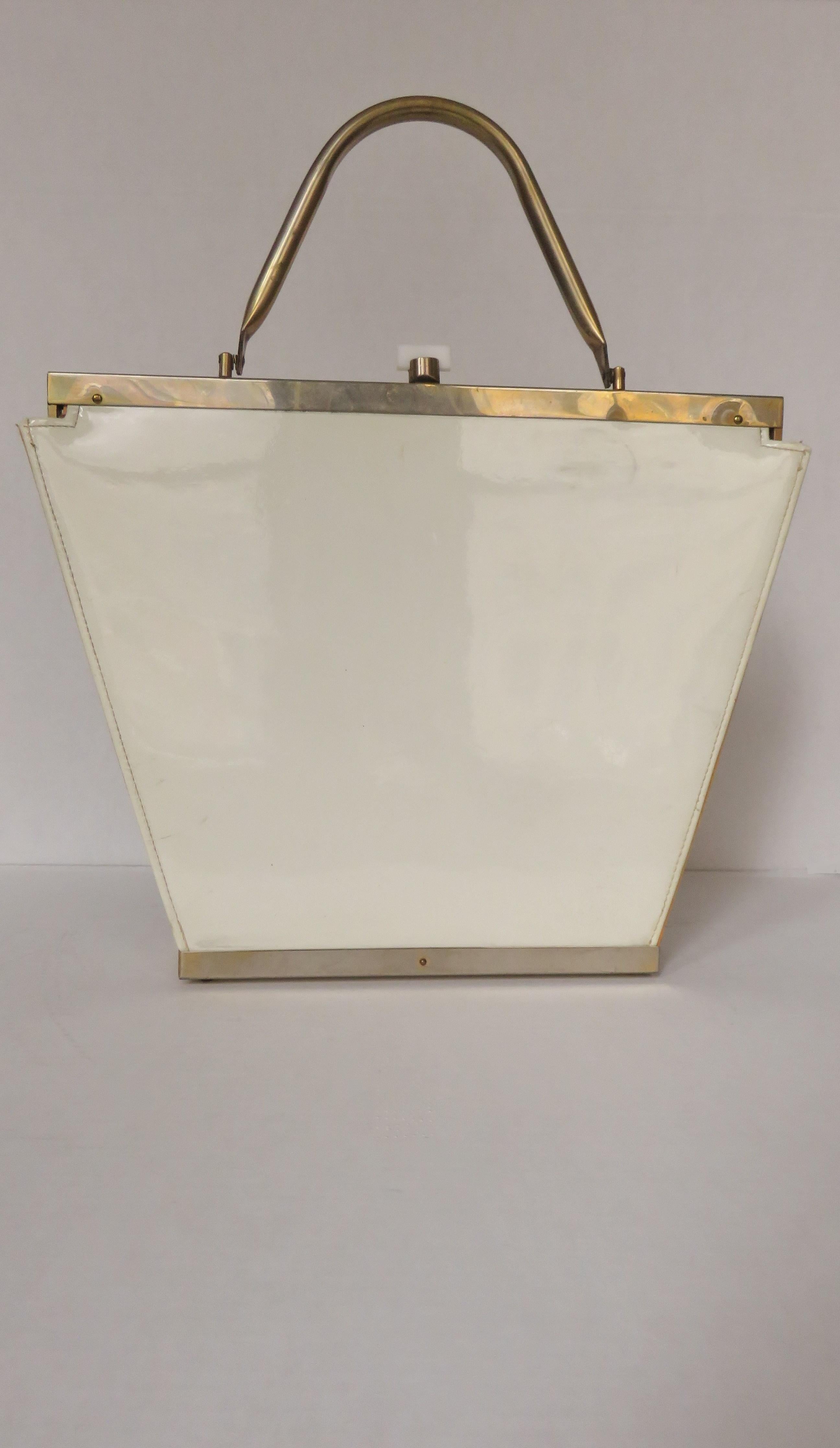 Tyrolean Large White Patent Tapestry Applique Handbag 1960s 3