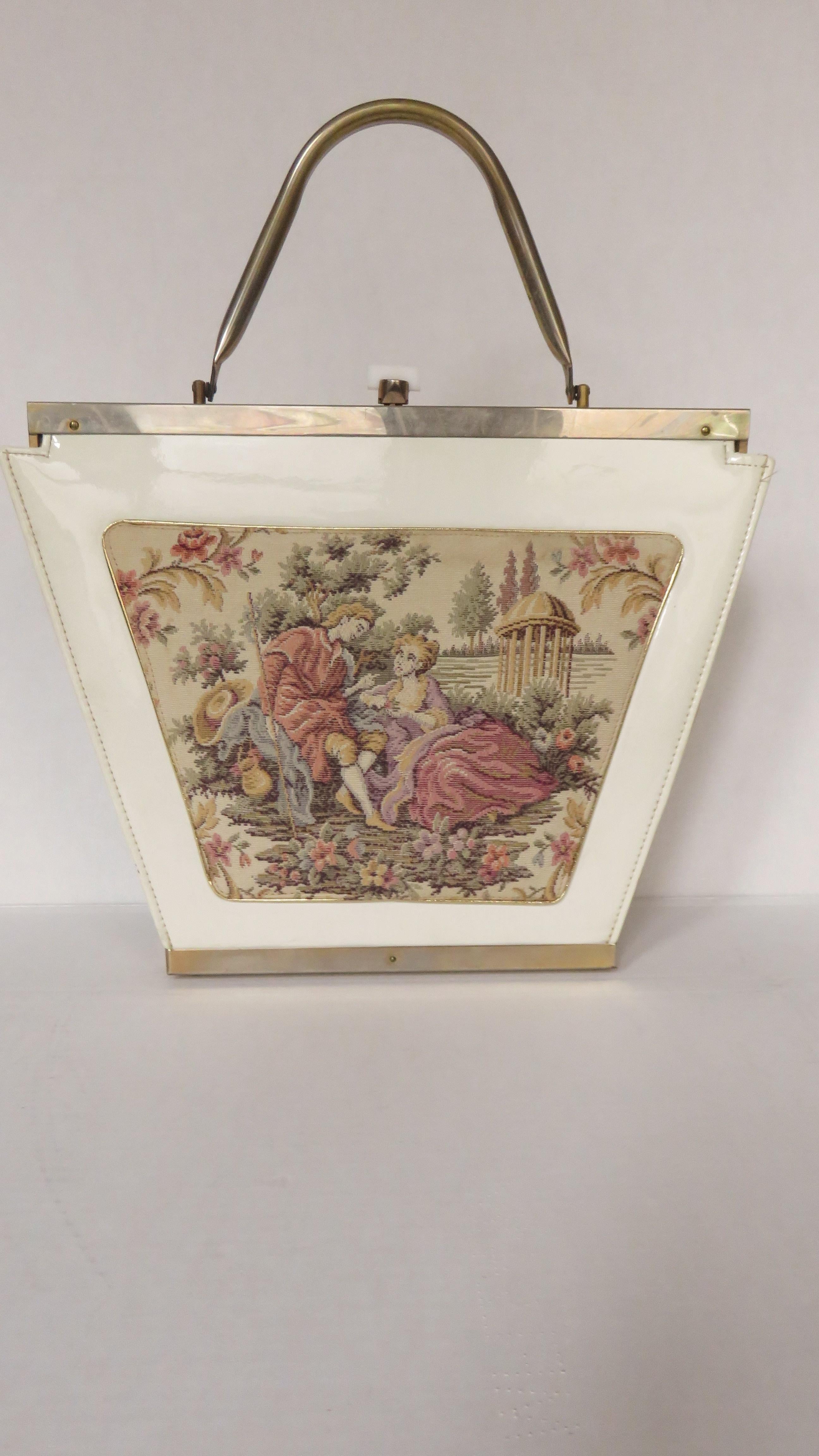 Tyrolean Large White Patent Tapestry Applique Handbag 1960s 5