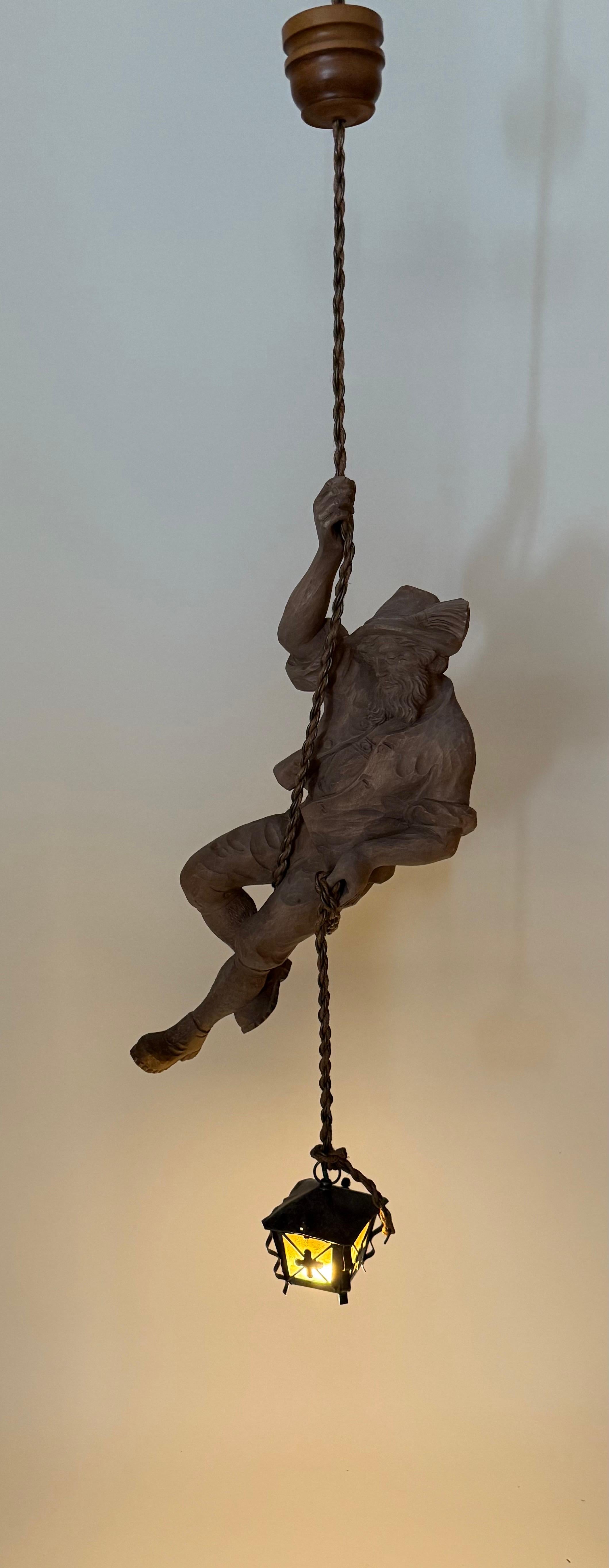 Hand-Carved Tyrolean Mountaineer Pendant Lamp with Lantern For Sale