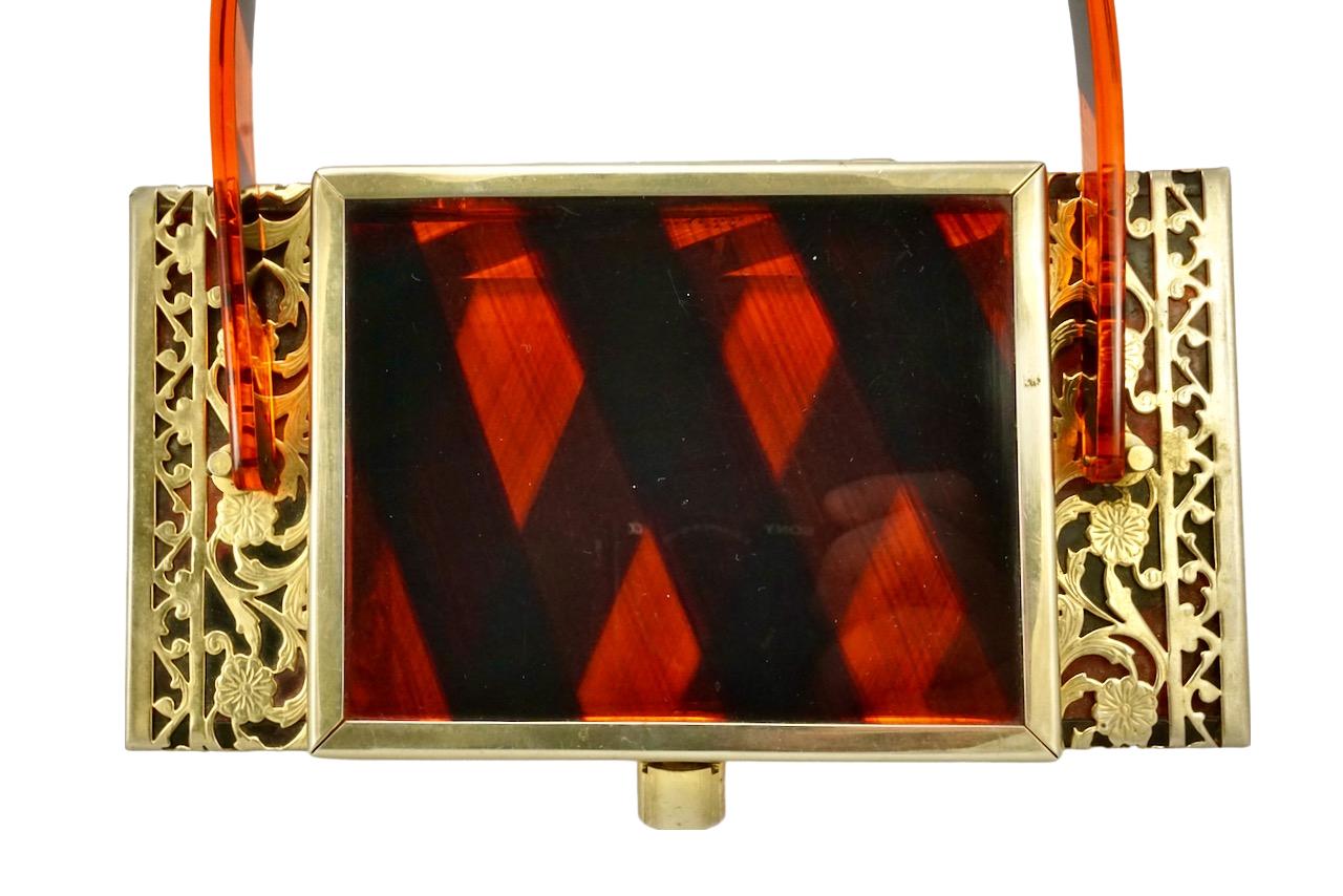 Brown Tyrolean New York Gold Tone Filigree Black and Orange Striped Lucite Handbag  For Sale