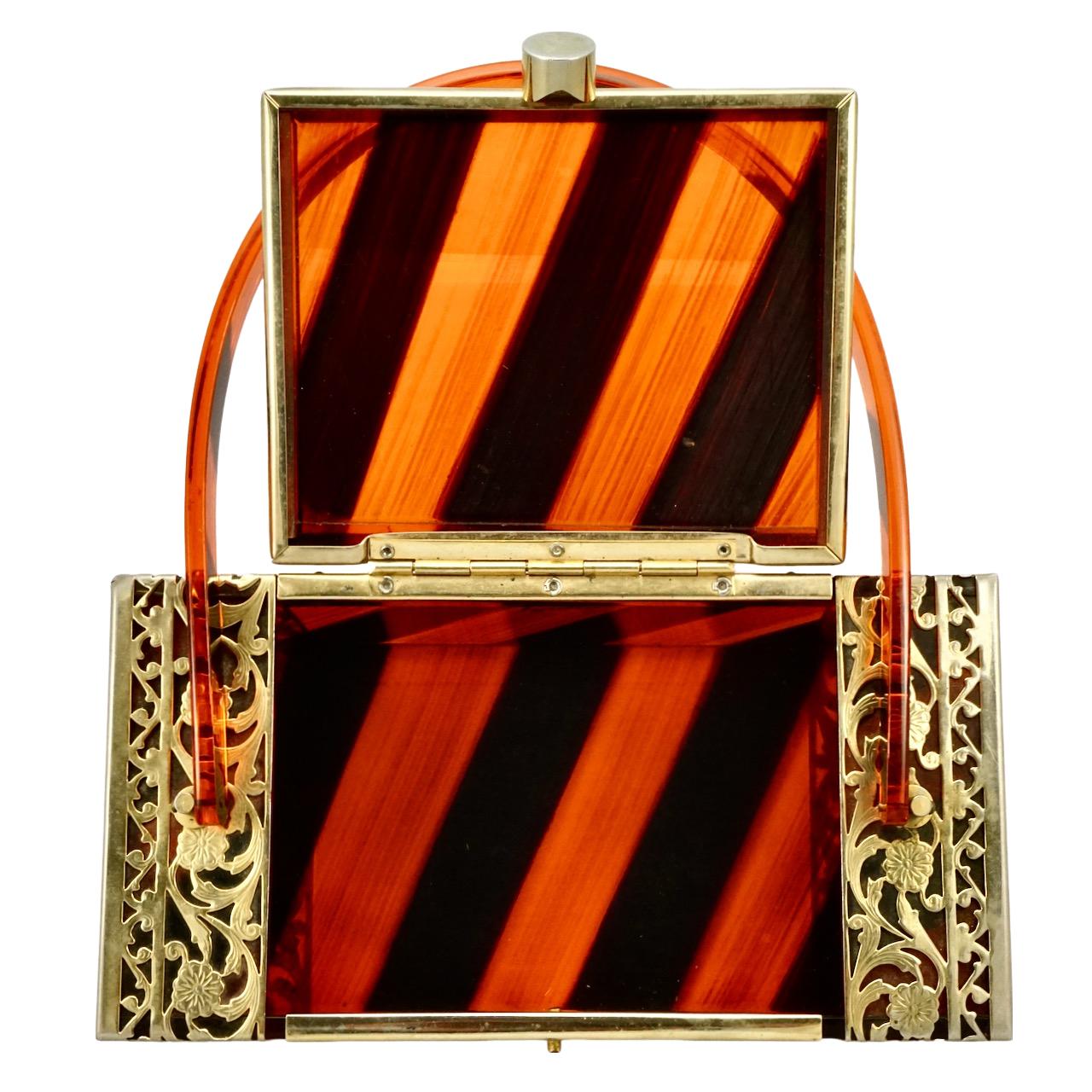 Tyrolean New York Gold Tone Filigree Black and Orange Striped Lucite Handbag  In Good Condition For Sale In London, GB