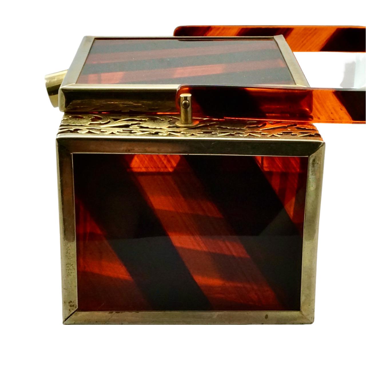 Tyrolean New York Gold Tone Filigree Black and Orange Striped Lucite Handbag  For Sale 1