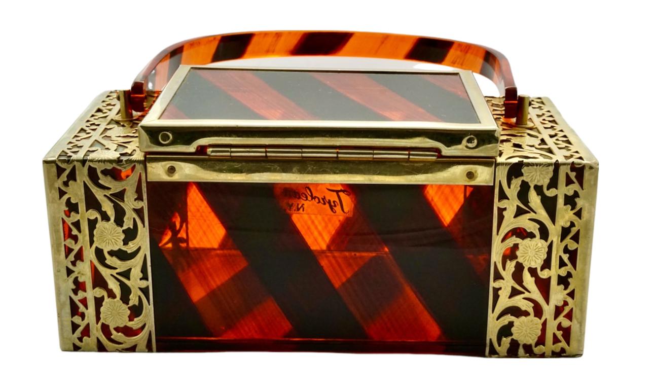 Tyrolean New York Gold Tone Filigree Black and Orange Striped Lucite Handbag  For Sale 2