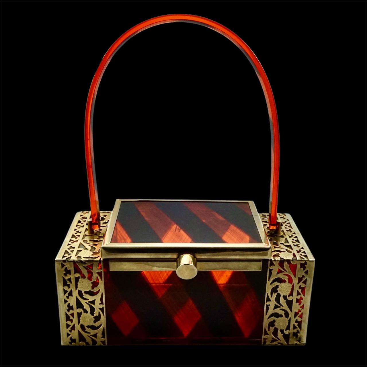 Tyrolean New York Gold Tone Filigree Black and Orange Striped Lucite Handbag  For Sale 4