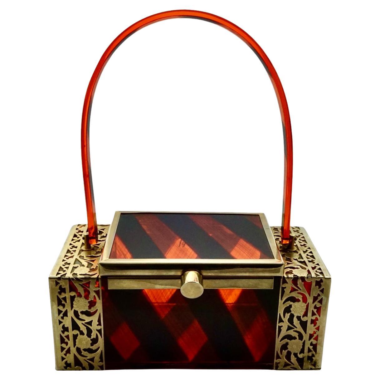 Tyrolean New York Gold Tone Filigree Black and Orange Striped Lucite Handbag  For Sale
