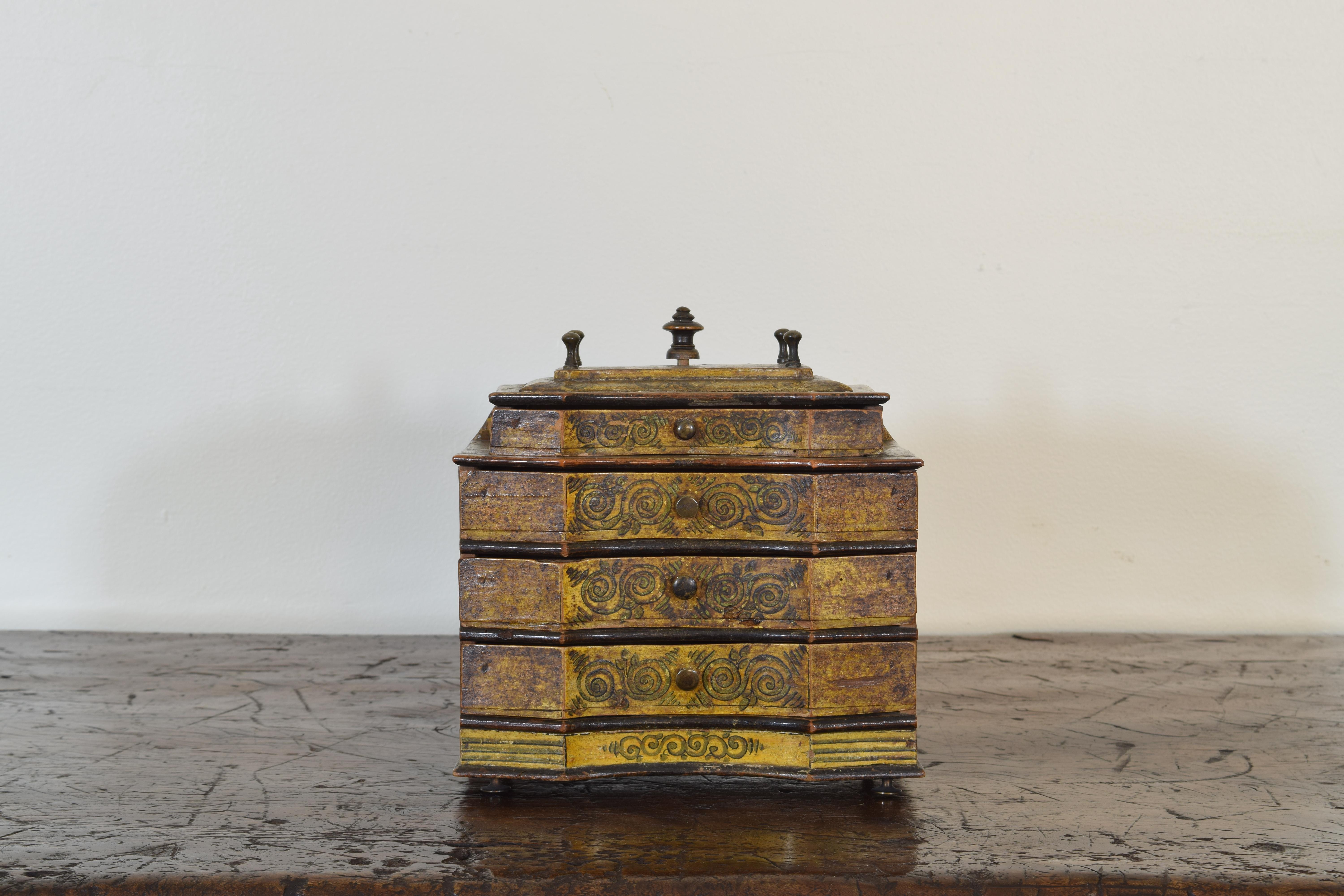 Louis XIV Tyrolean Shaped and Painted 4-Drawer Box, 18th Century