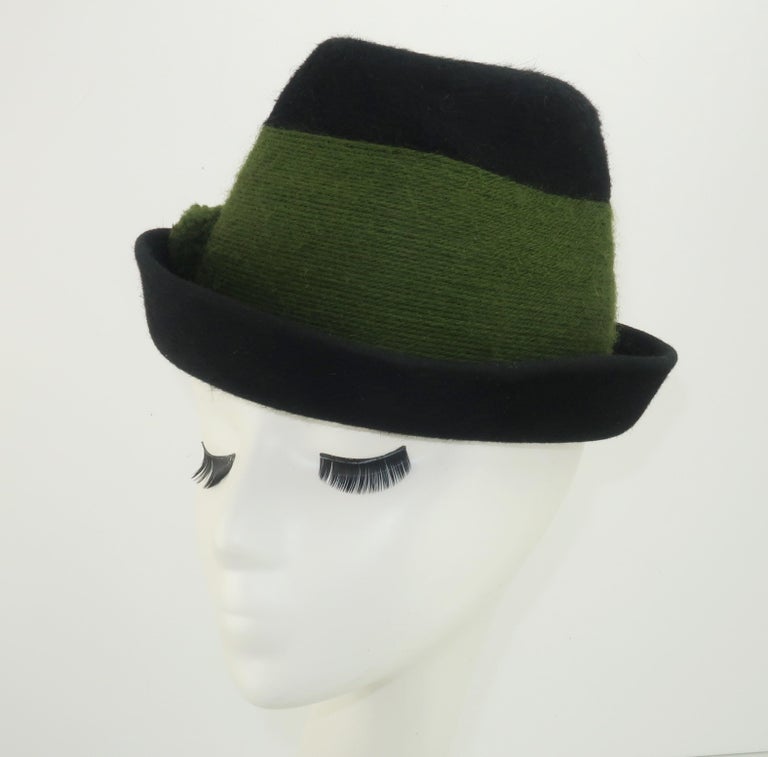 Black Tyrolean Style Green Mohair Hat With Horn Button Accents For Sale