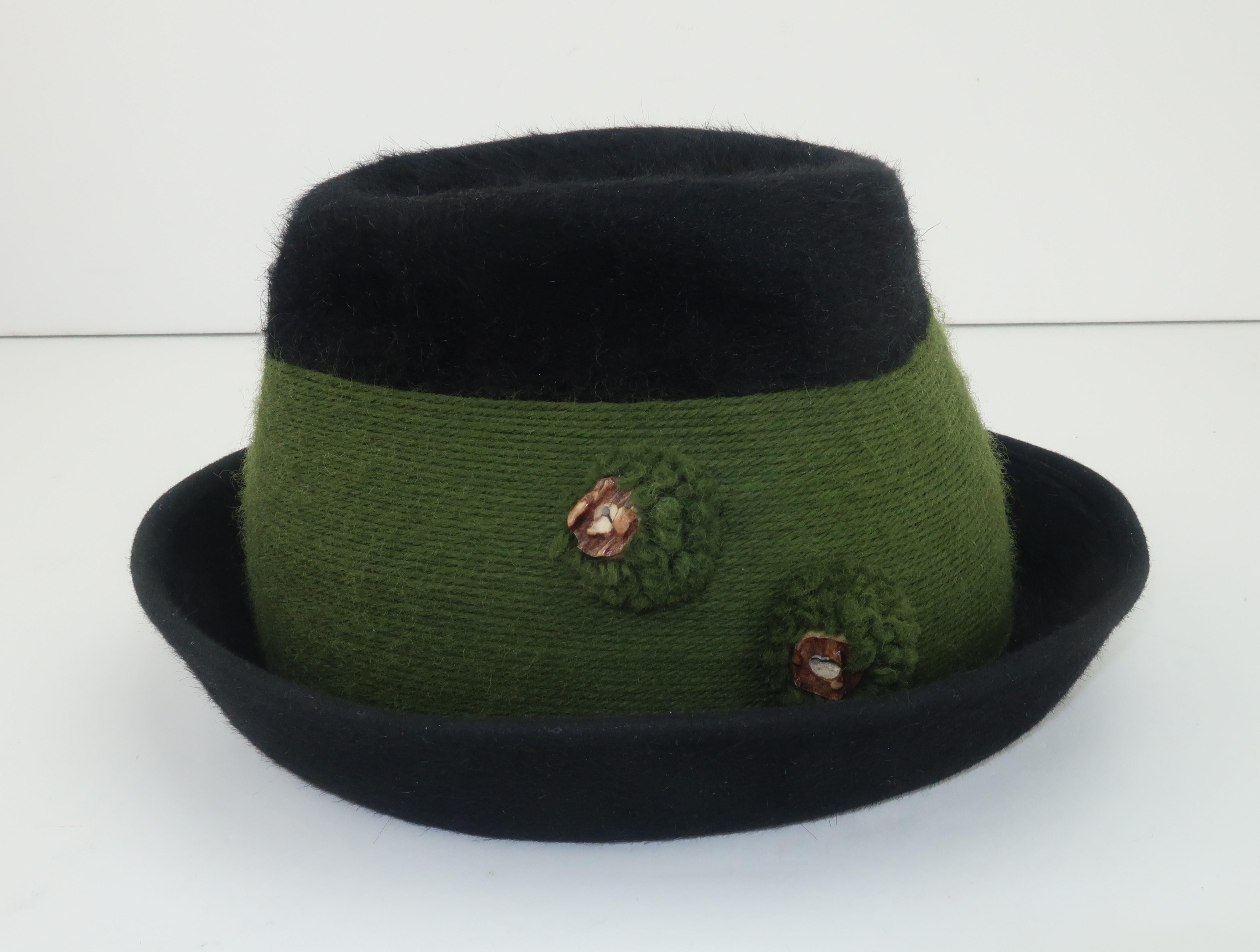 Black Tyrolean Style Green Mohair Hat With Horn Button Accents