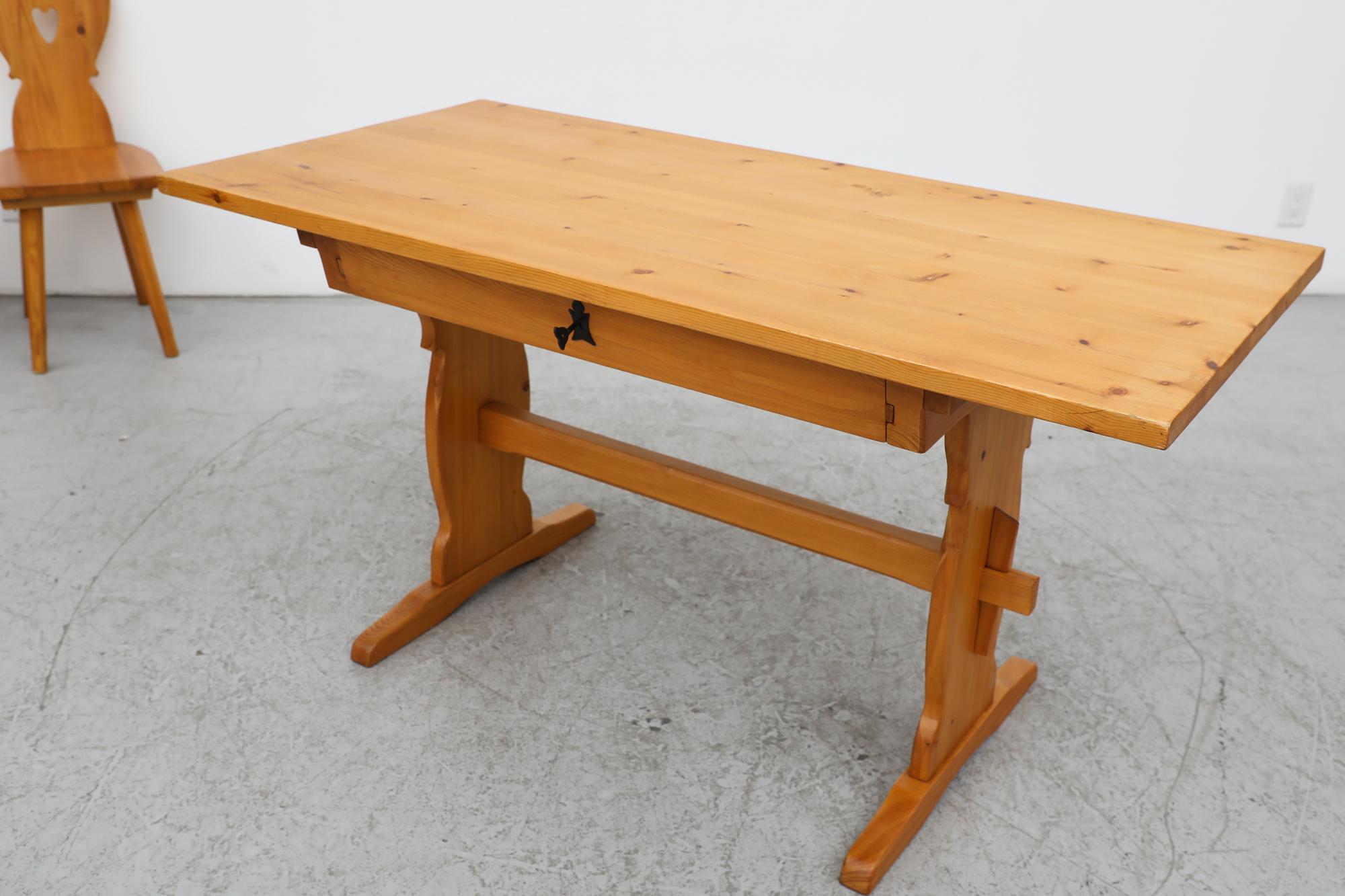 Tyrolean Style Ornate Pine Desk or Table with Locking Drawer from Austria For Sale 5