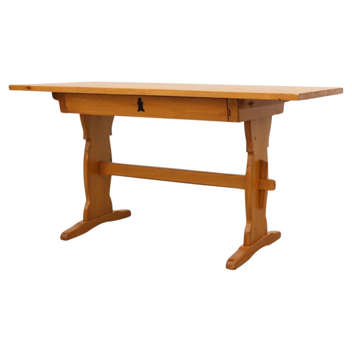 Tyrolean Style Ornate Pine Desk or Table with Locking Drawer from Austria For Sale