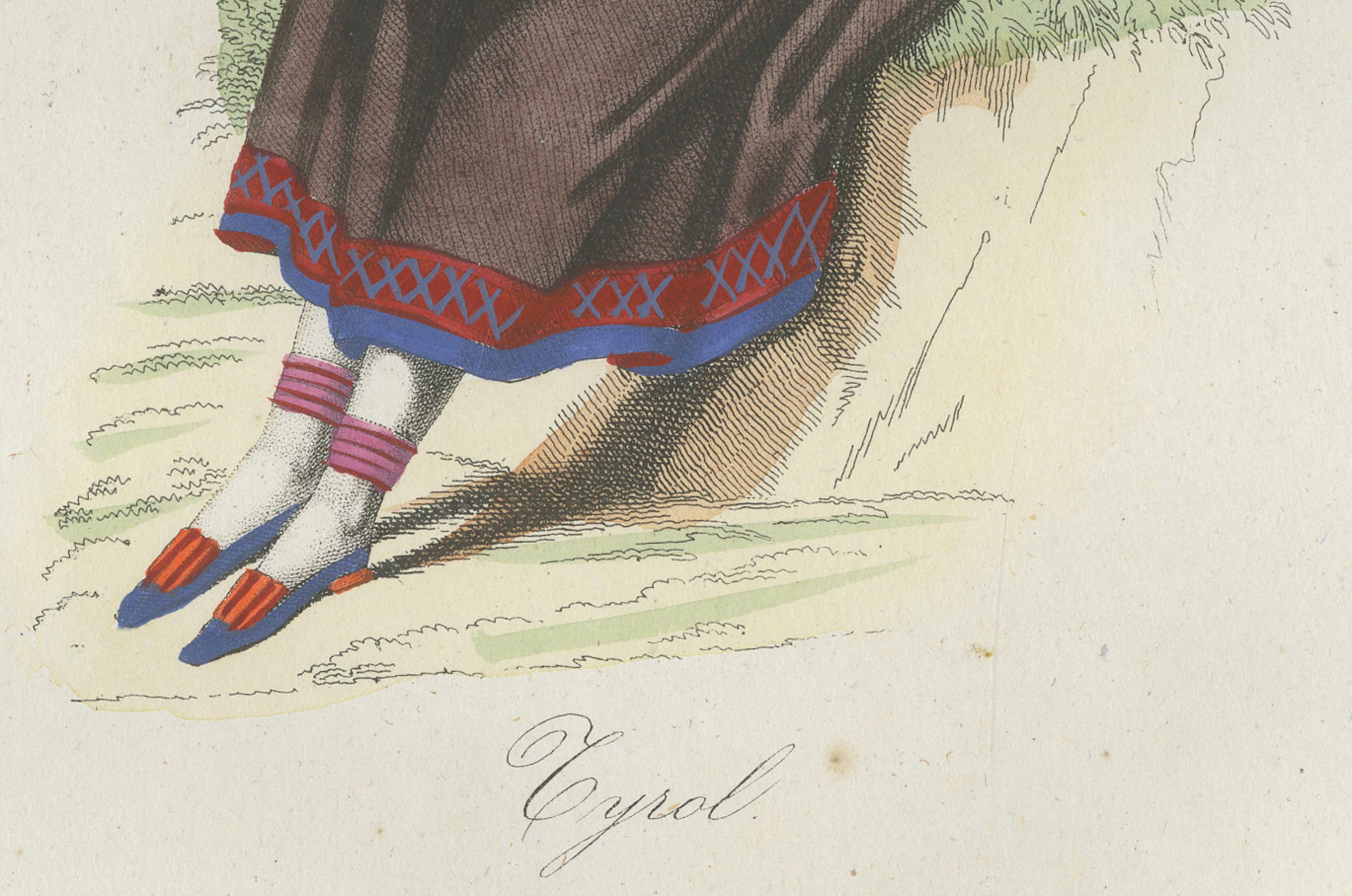 Tyrolean Woman Costume Print – Antique Hand-Colored Lithograph, 1854

This antique hand-colored lithograph, published in 1854 in Album des Voyages Anciens et Modernes by Martial Ardant Frères, depicts a woman from Tyrol dressed in her traditional