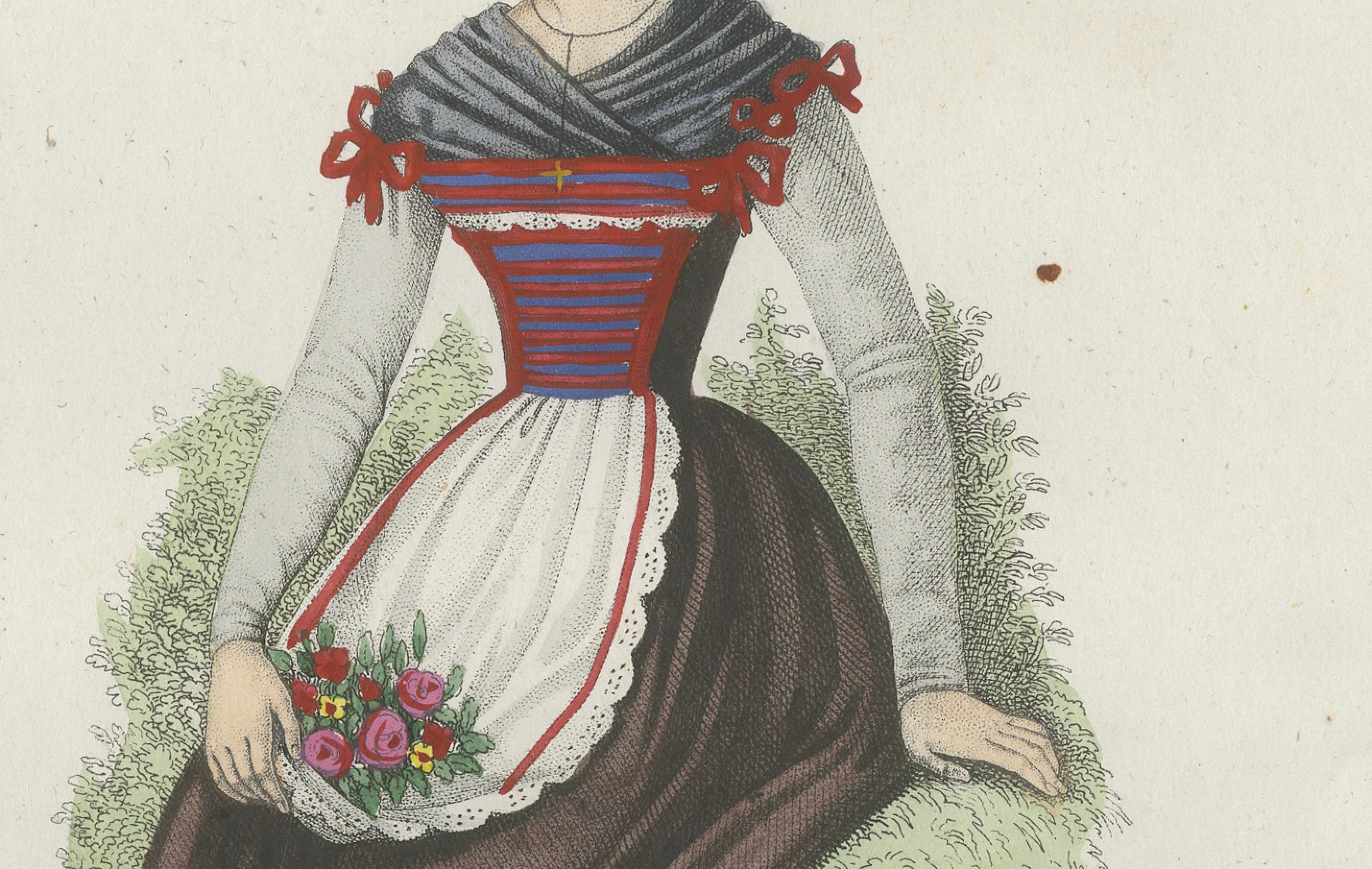 French Tyrolean Woman Costume Print – Antique Hand-Colored Lithograph, 1854 For Sale