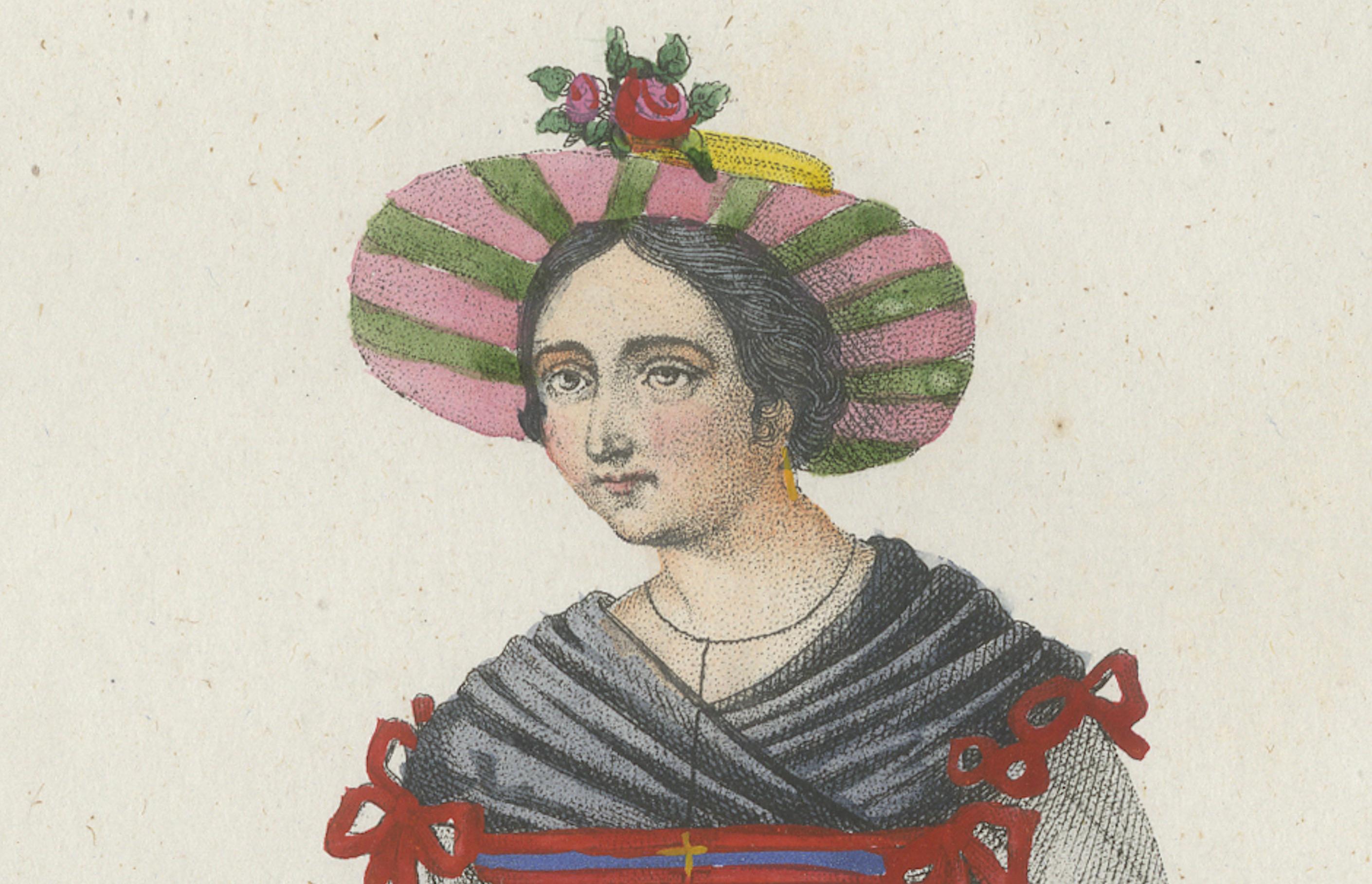 Tyrolean Woman Costume Print – Antique Hand-Colored Lithograph, 1854 In Good Condition For Sale In Langweer, NL
