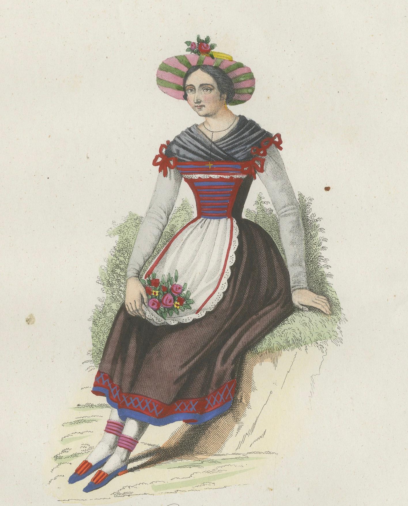 19th Century Tyrolean Woman Costume Print – Antique Hand-Colored Lithograph, 1854 For Sale