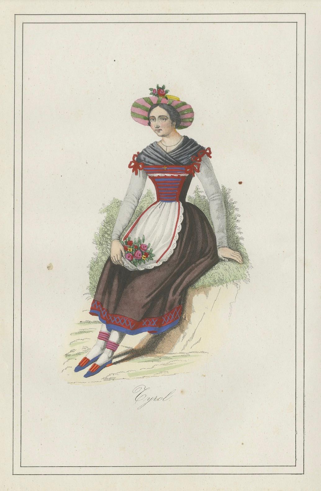 Paper Tyrolean Woman Costume Print – Antique Hand-Colored Lithograph, 1854 For Sale