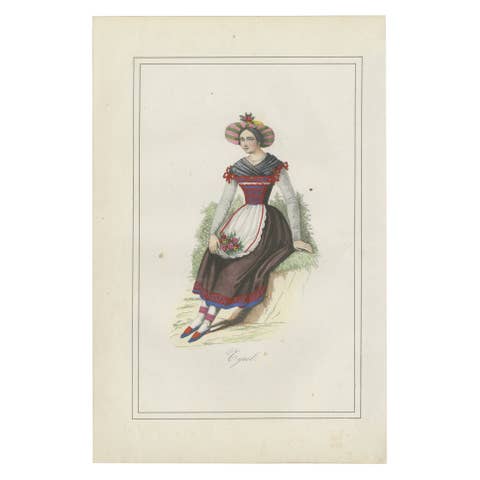 Tyrolean Woman Costume Print – Antique Hand-Colored Lithograph, 1854