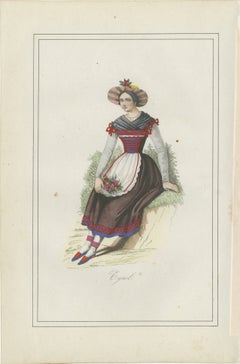 Tyrolean Woman Costume Print – Antique Hand-Colored Lithograph, 1854