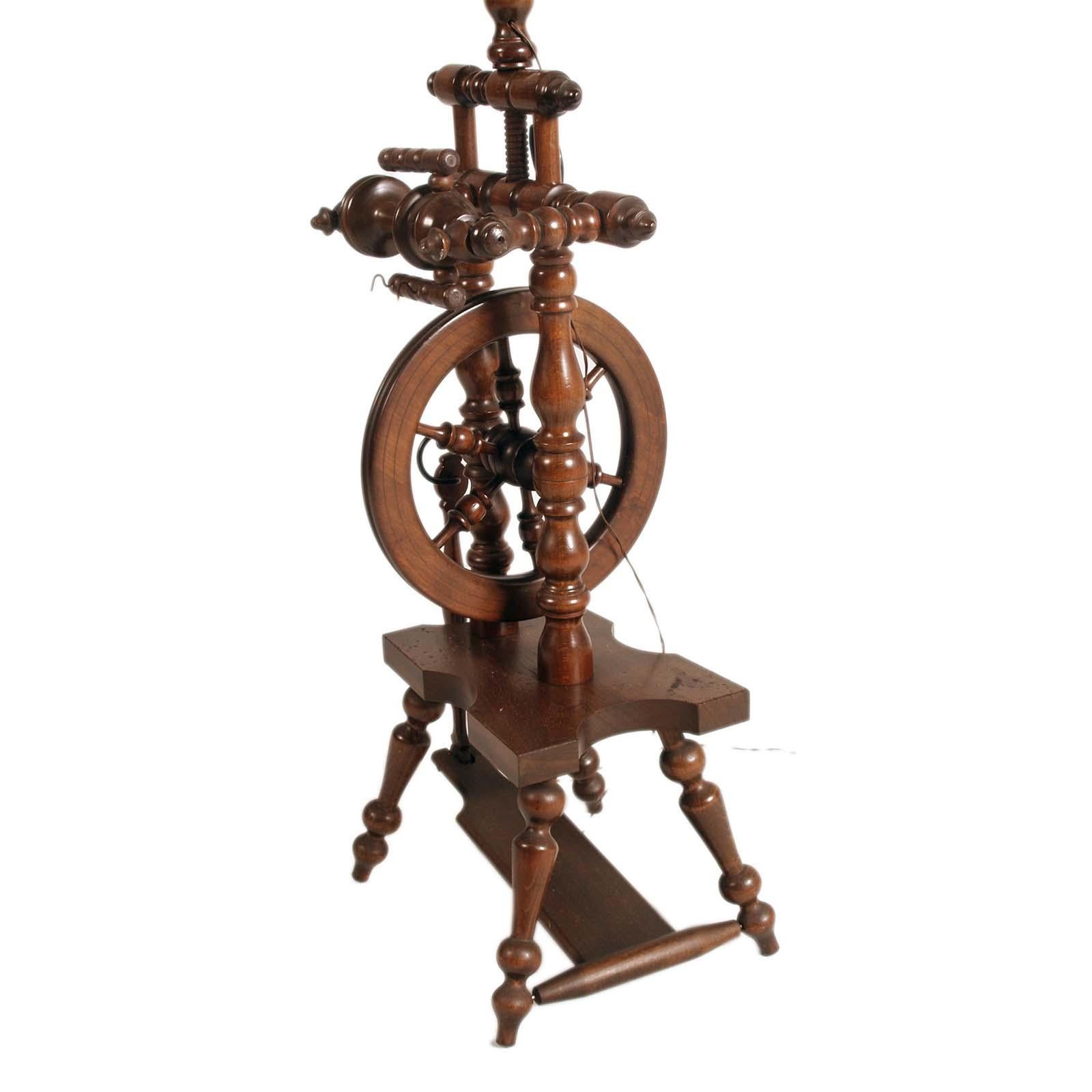 Nutwood Tyrolean Wooden Spinning Wheel Floor Lamp, 19th Century For Sale