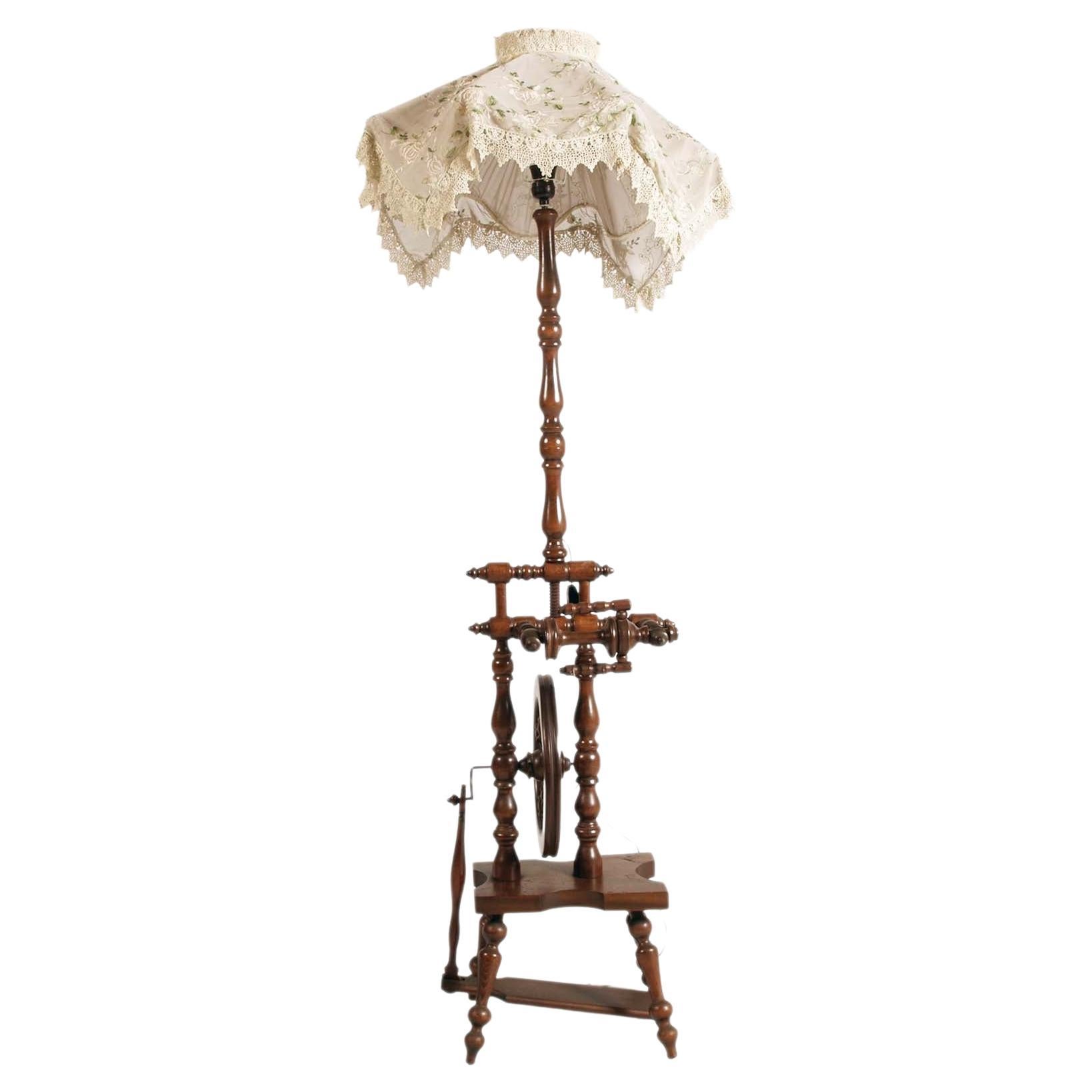 Tyrolean Wooden Spinning Wheel Floor Lamp, 19th Century