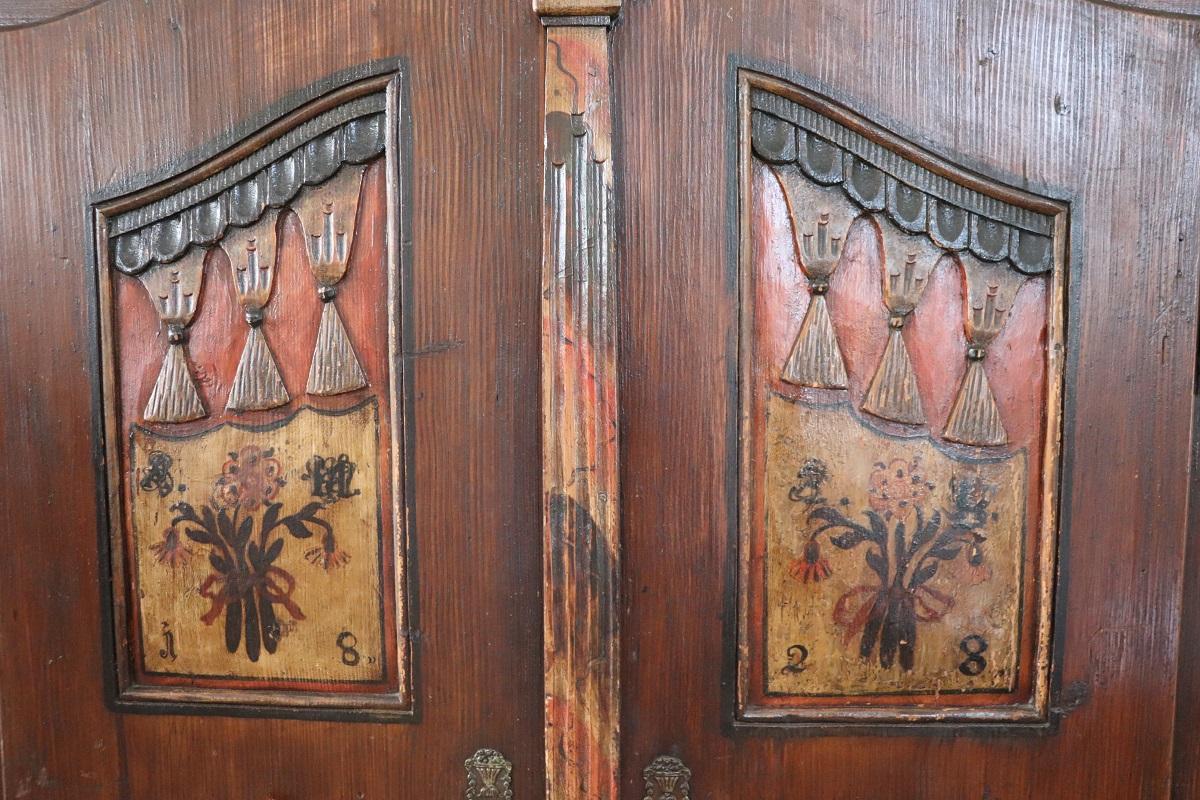 Tyrolen Antique Wardrobe with Secrets, Hand Painted Pine Wood dated 1828 For Sale 10