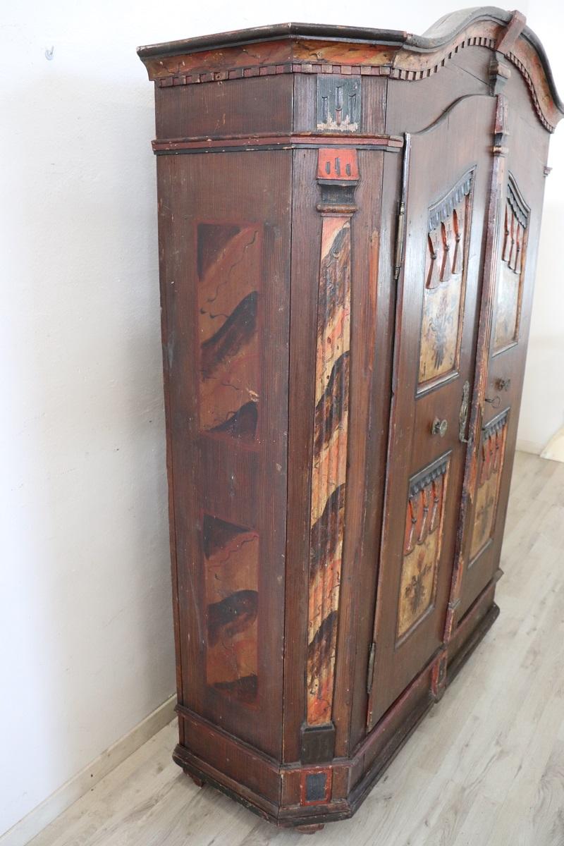Tyrolen Antique Wardrobe with Secrets, Hand Painted Pine Wood dated 1828 For Sale 11