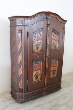Tyrolen Antique Wardrobe with Secrets, Hand Painted Pine Wood dated 1828