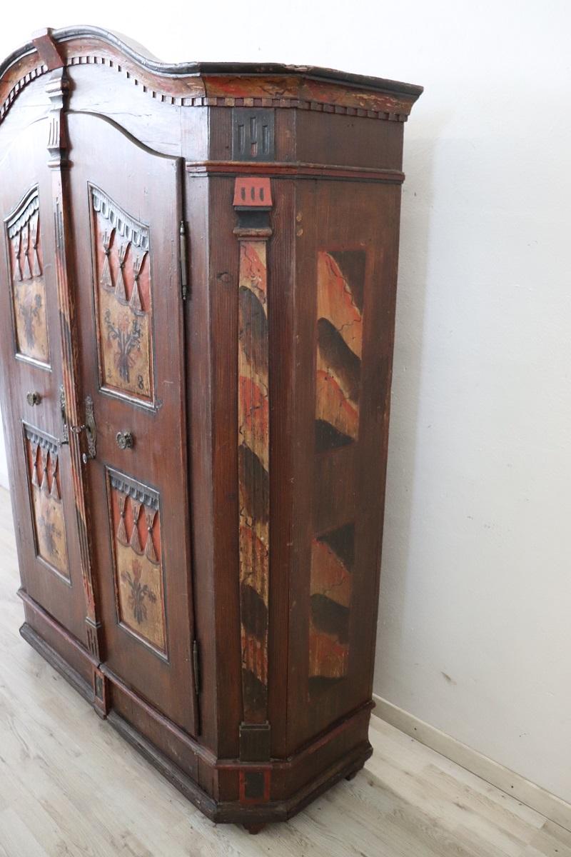Louis Philippe Tyrolen Antique Wardrobe with Secrets, Hand Painted Pine Wood dated 1828 For Sale