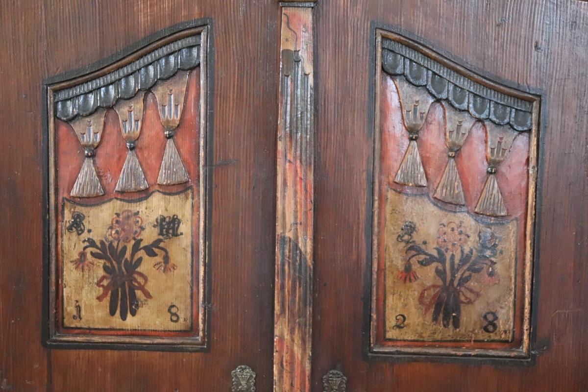 Italian Tyrolen Antique Wardrobe with Secrets, Hand Painted Pine Wood dated 1828 For Sale