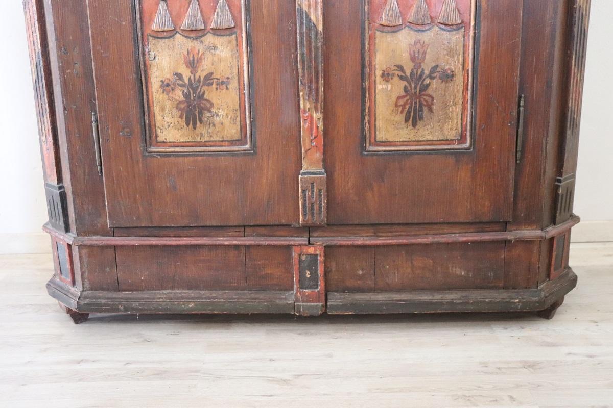 Early 19th Century Tyrolen Antique Wardrobe with Secrets, Hand Painted Pine Wood dated 1828 For Sale