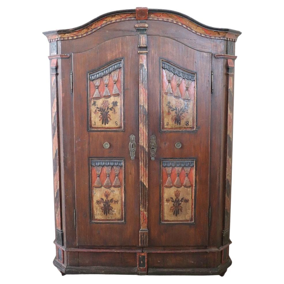 Tyrolen Antique Wardrobe with Secrets, Hand Painted Pine Wood dated 1828 For Sale