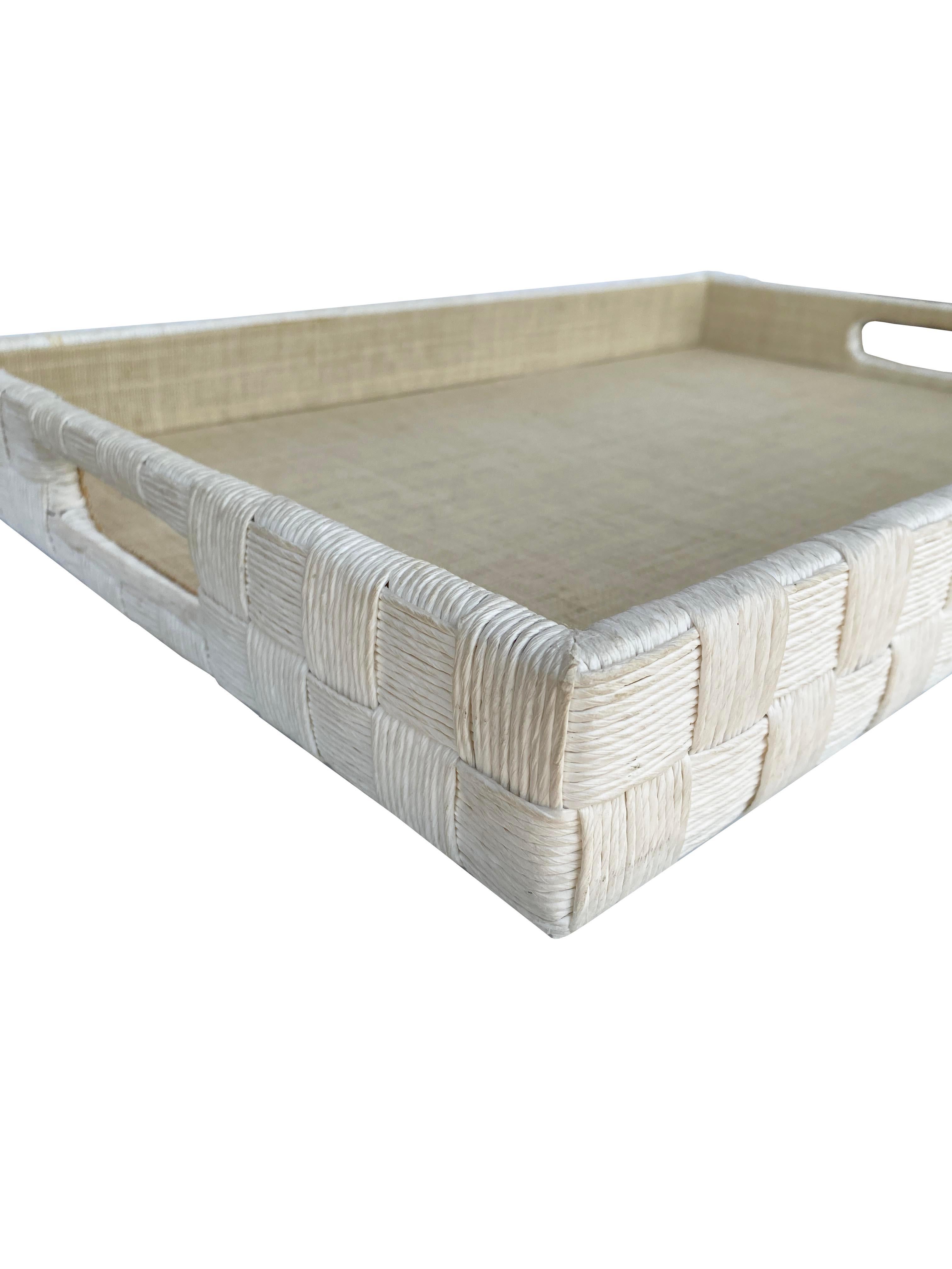 Contemporary Tytus White Basketweave Raffia Tray For Sale