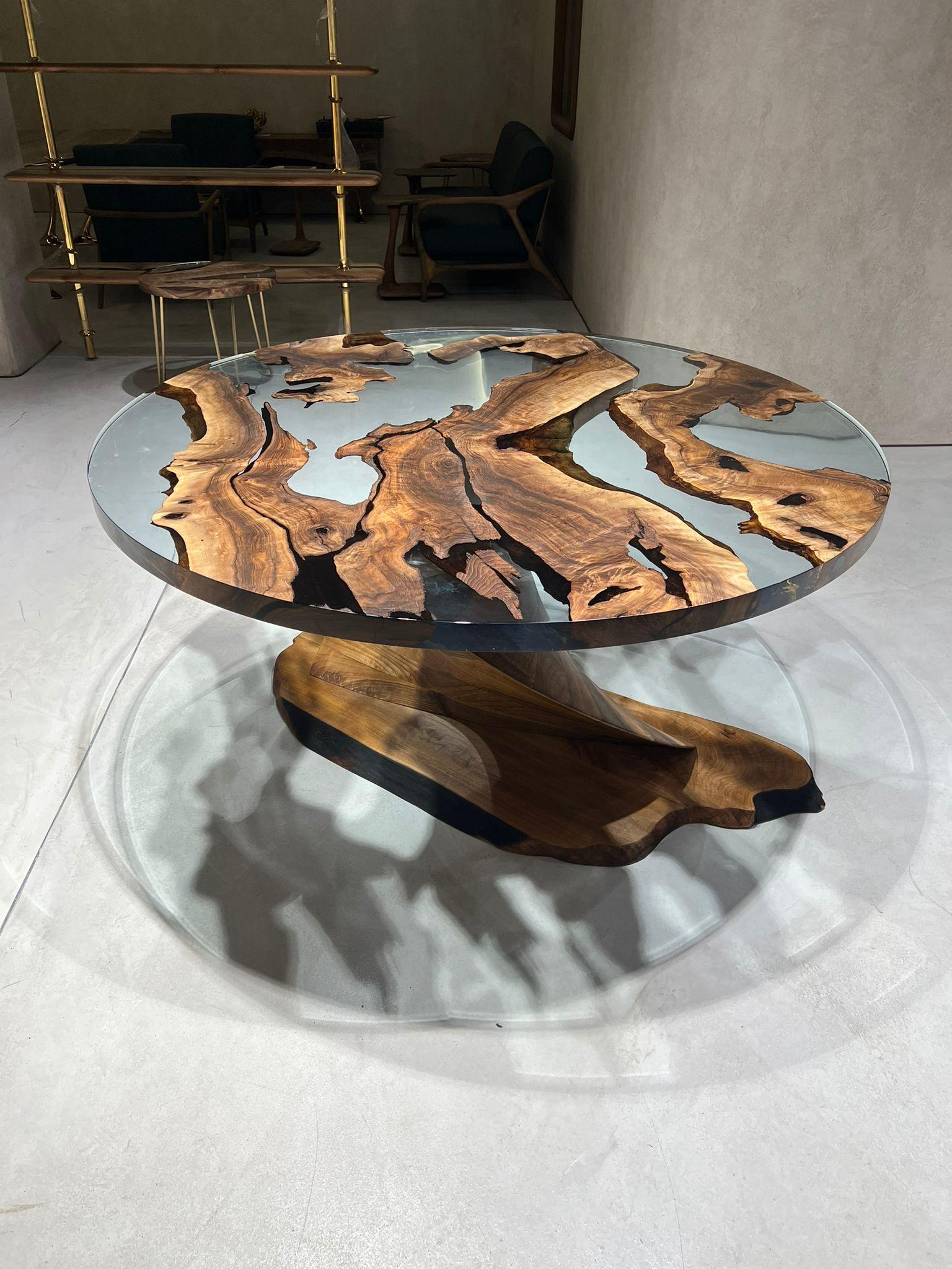Hand-Crafted Tywin Round Dining Table: Swirl Walnut Wood, Crystal Clear Resin Epoxy For Sale