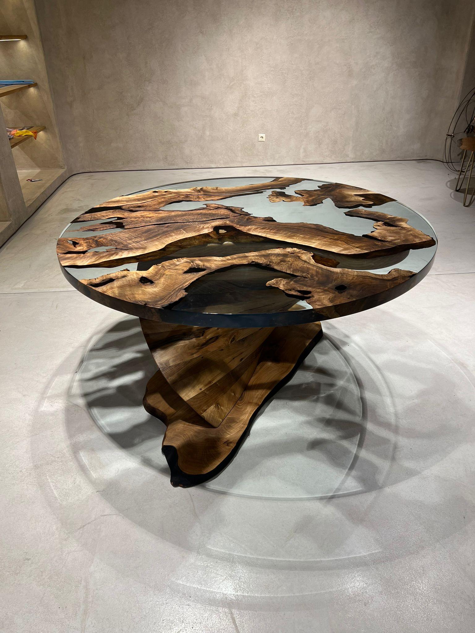 Contemporary Tywin Round Dining Table: Swirl Walnut Wood, Crystal Clear Resin Epoxy For Sale